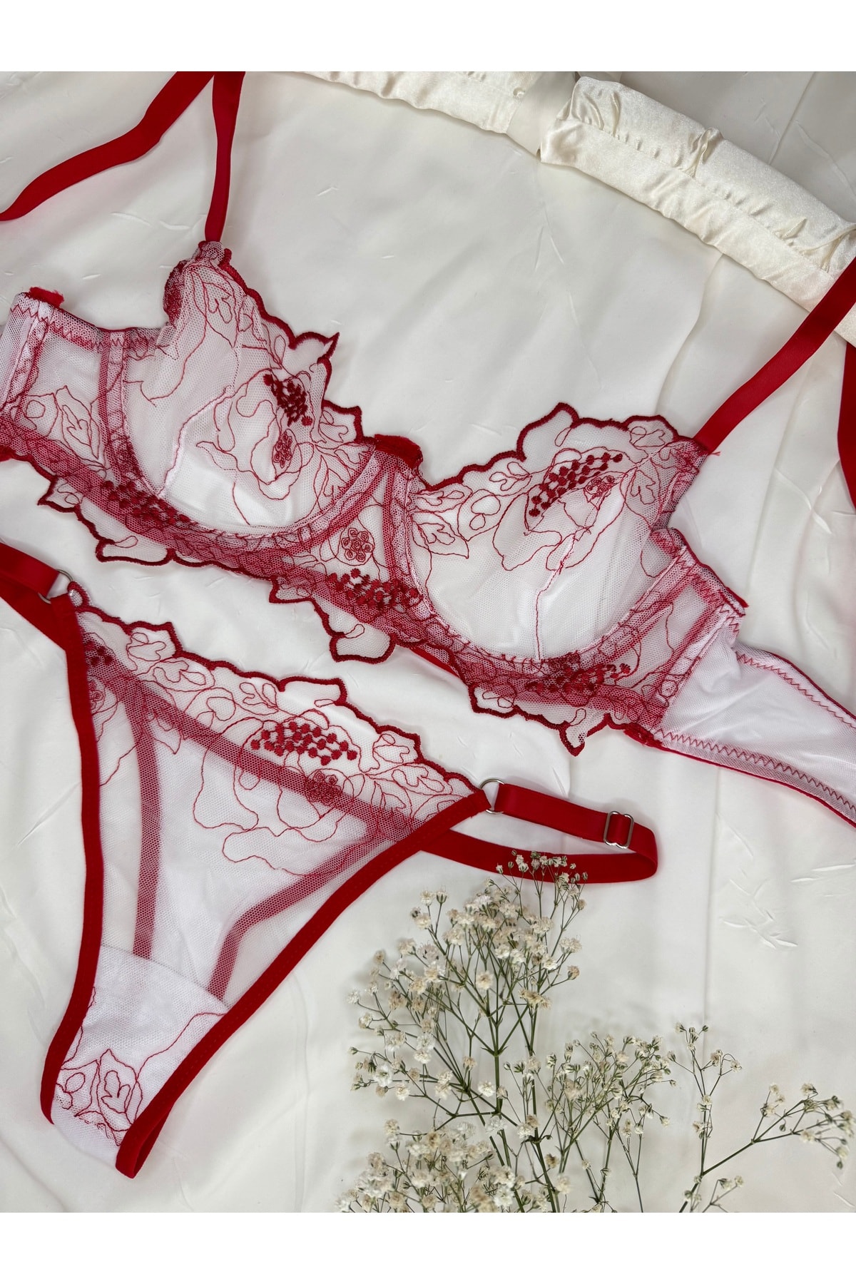 Romantik Çiçek Desenli Transparan Bralet Set