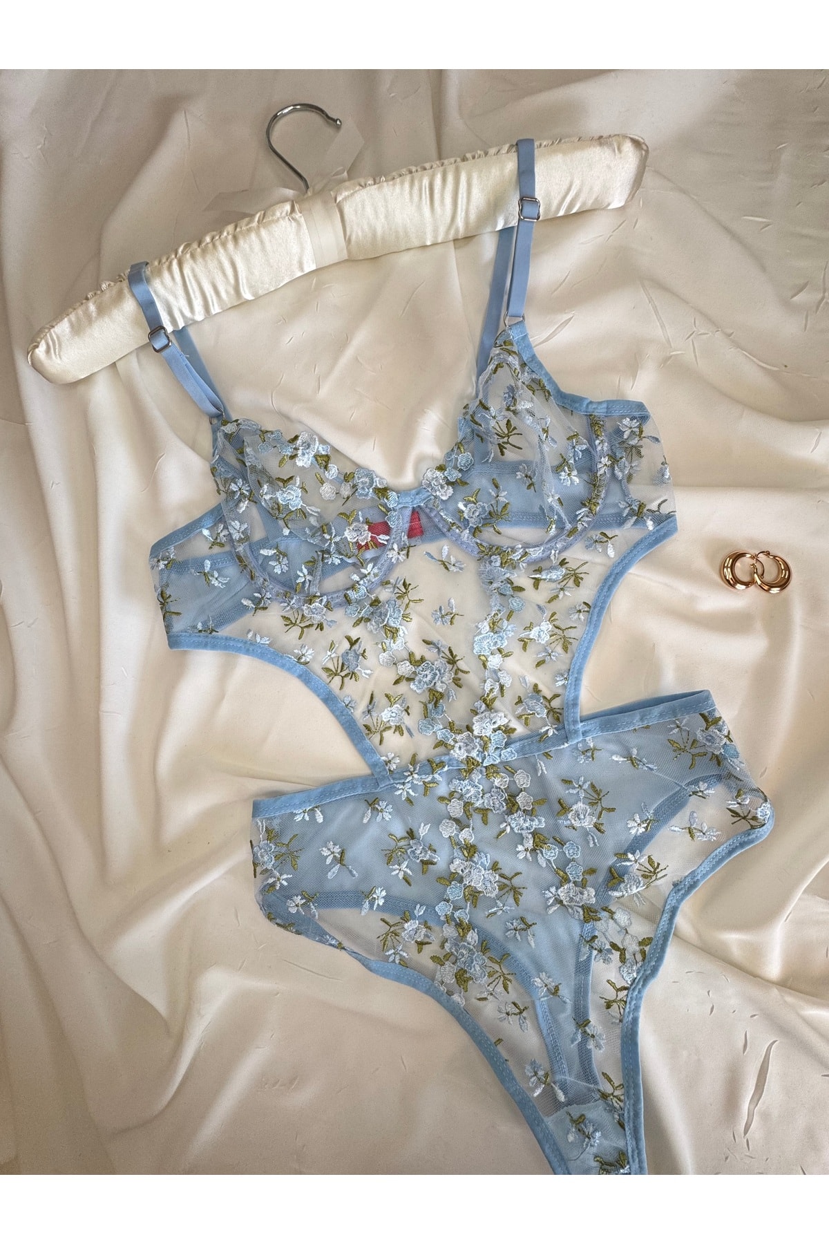 Bebe Mavi Dantelli Brode Balenli Kapsız Transparan Bodysuit - mavi yeşil