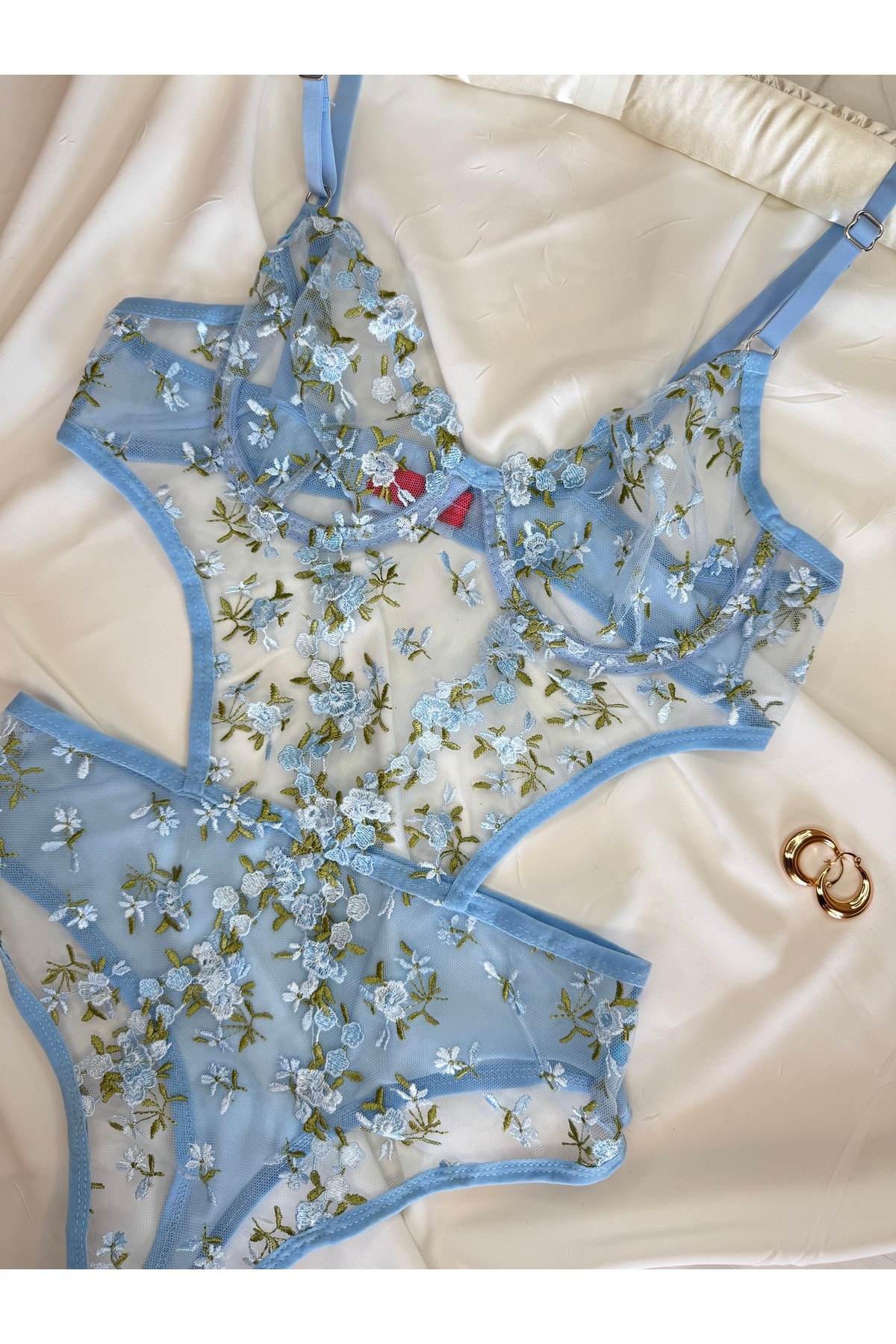 Bebe Mavi Dantelli Brode Balenli Kapsız Transparan Bodysuit - mavi yeşil