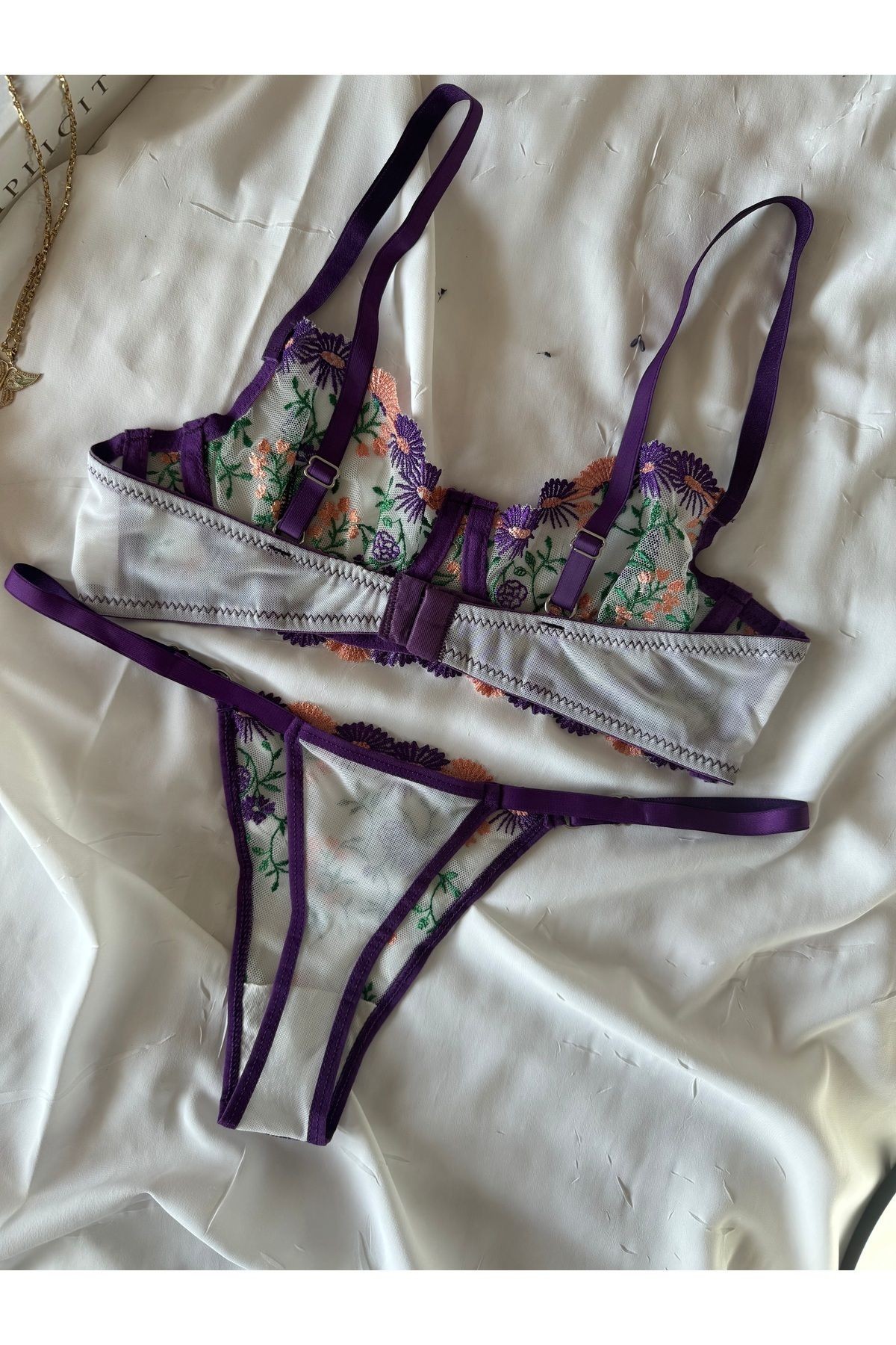 Transparan Tül Bralet Takım  - mor yeşil