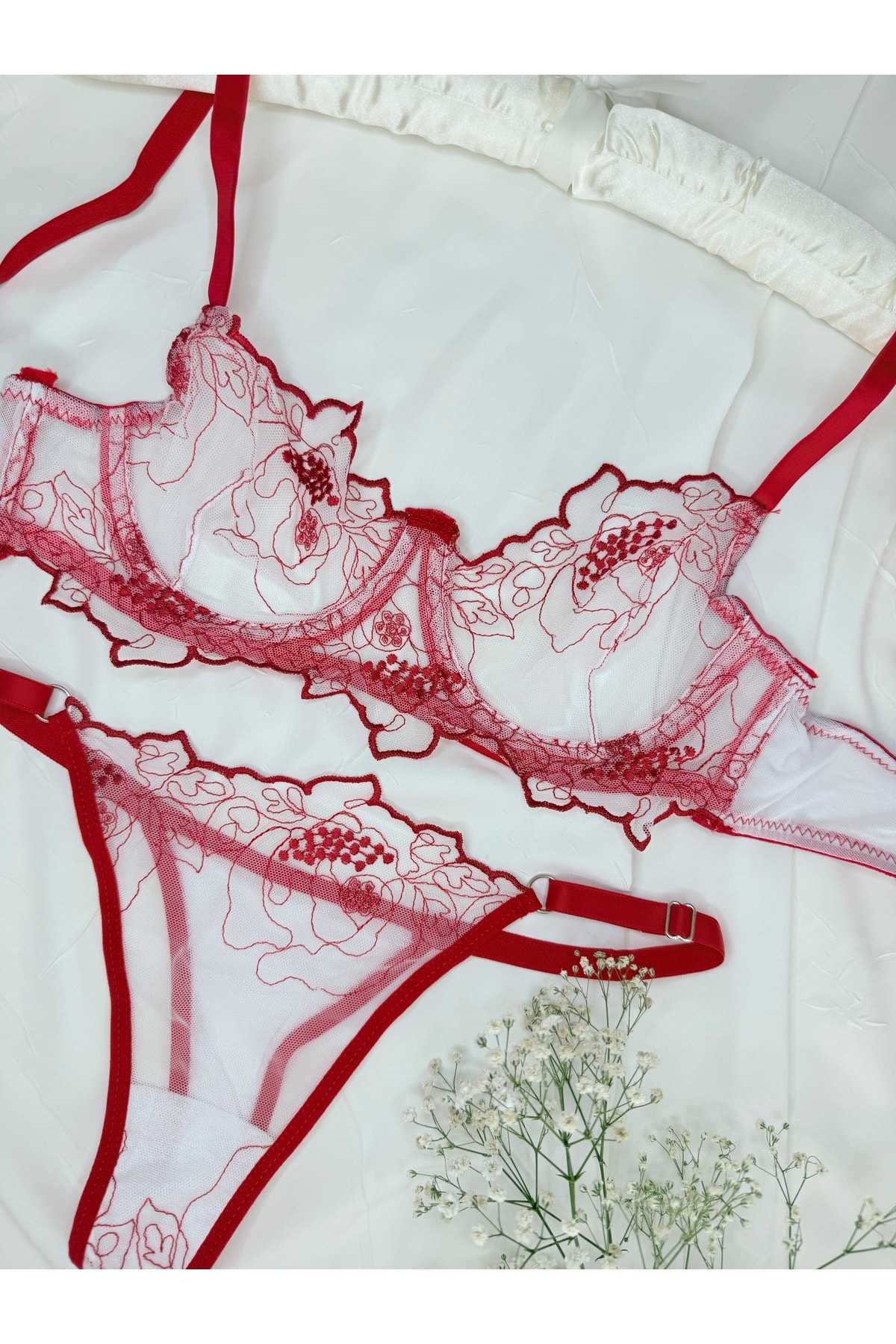Romantik Çiçek Desenli Transparan Bralet Set - kırmızı