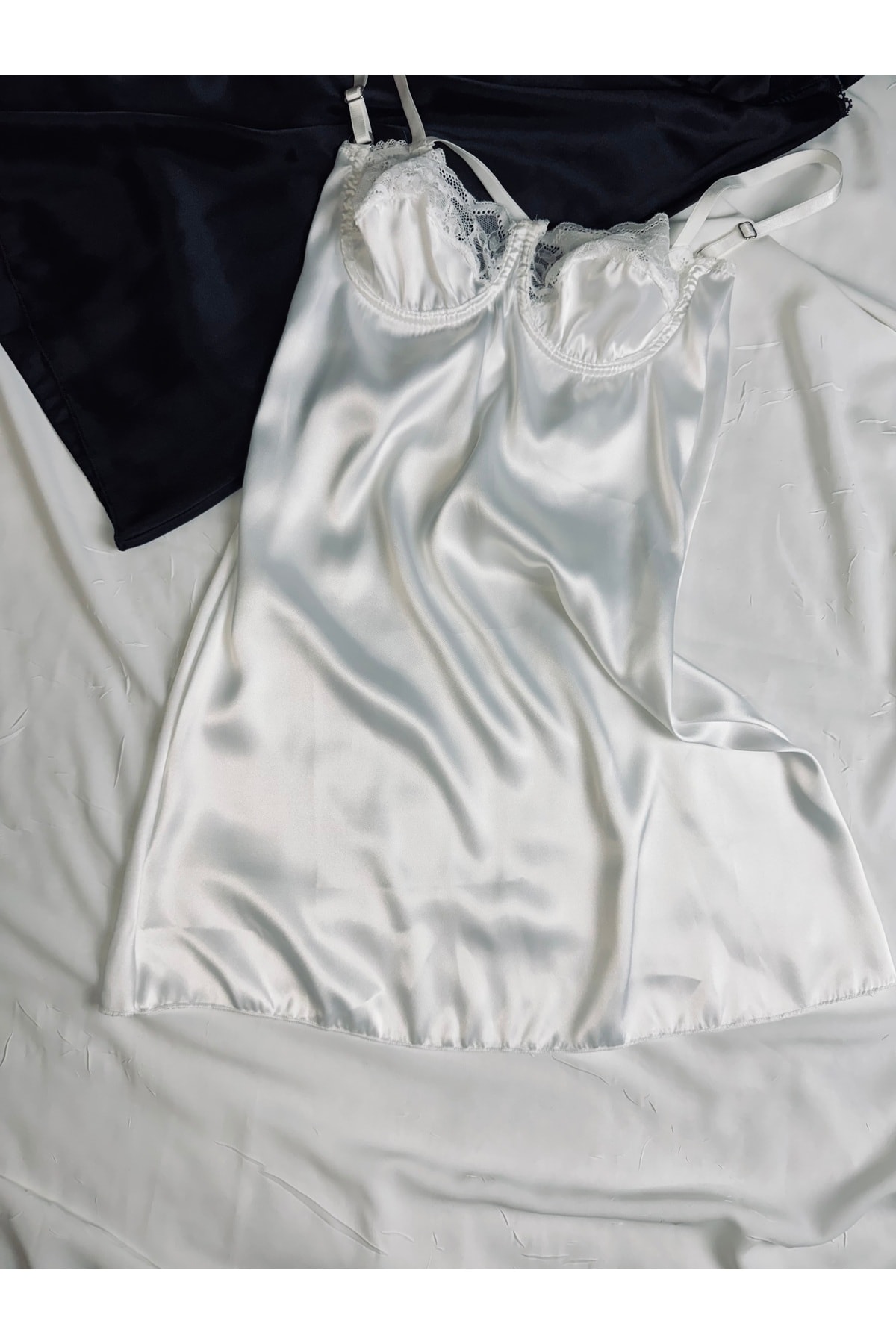 Ekru Saten Ayarlanabilir Askılı Dantelli Gecelik (BABYDOLL) - beyaz