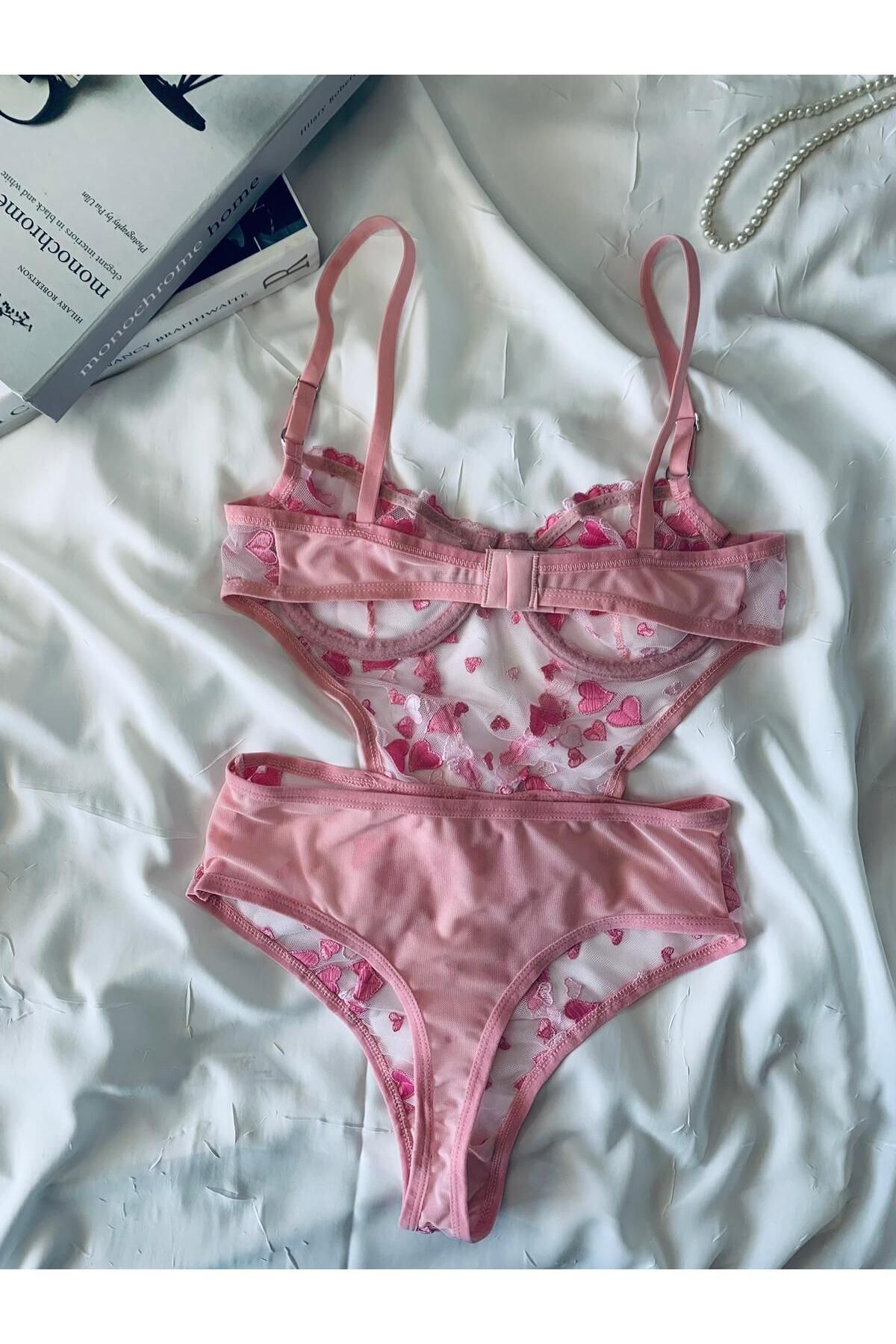 Bebe Mavi Dantelli Brode Balenli Kapsız Transparan Bodysuit - pembe