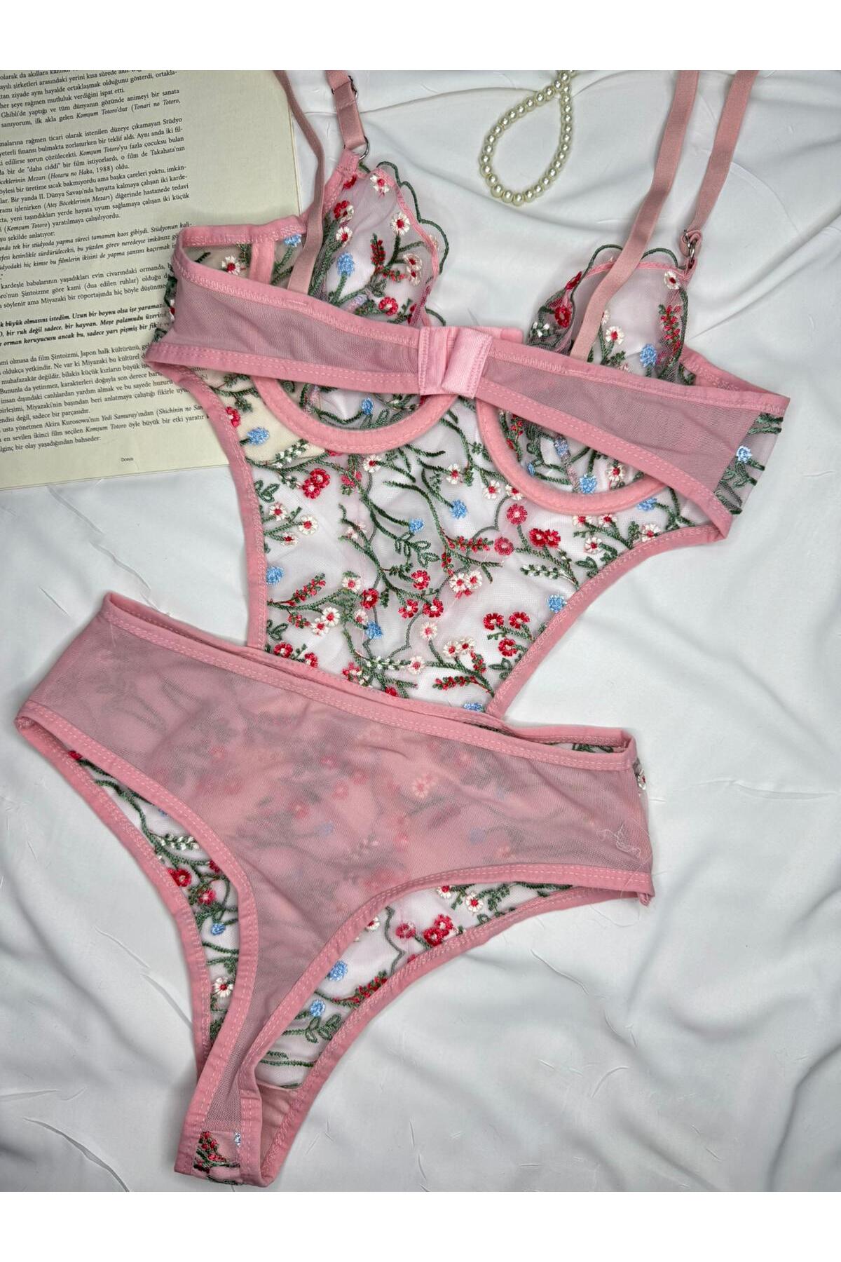 Bebe Mavi Dantelli Brode Balenli Kapsız Transparan Bodysuit - pudra yeşil