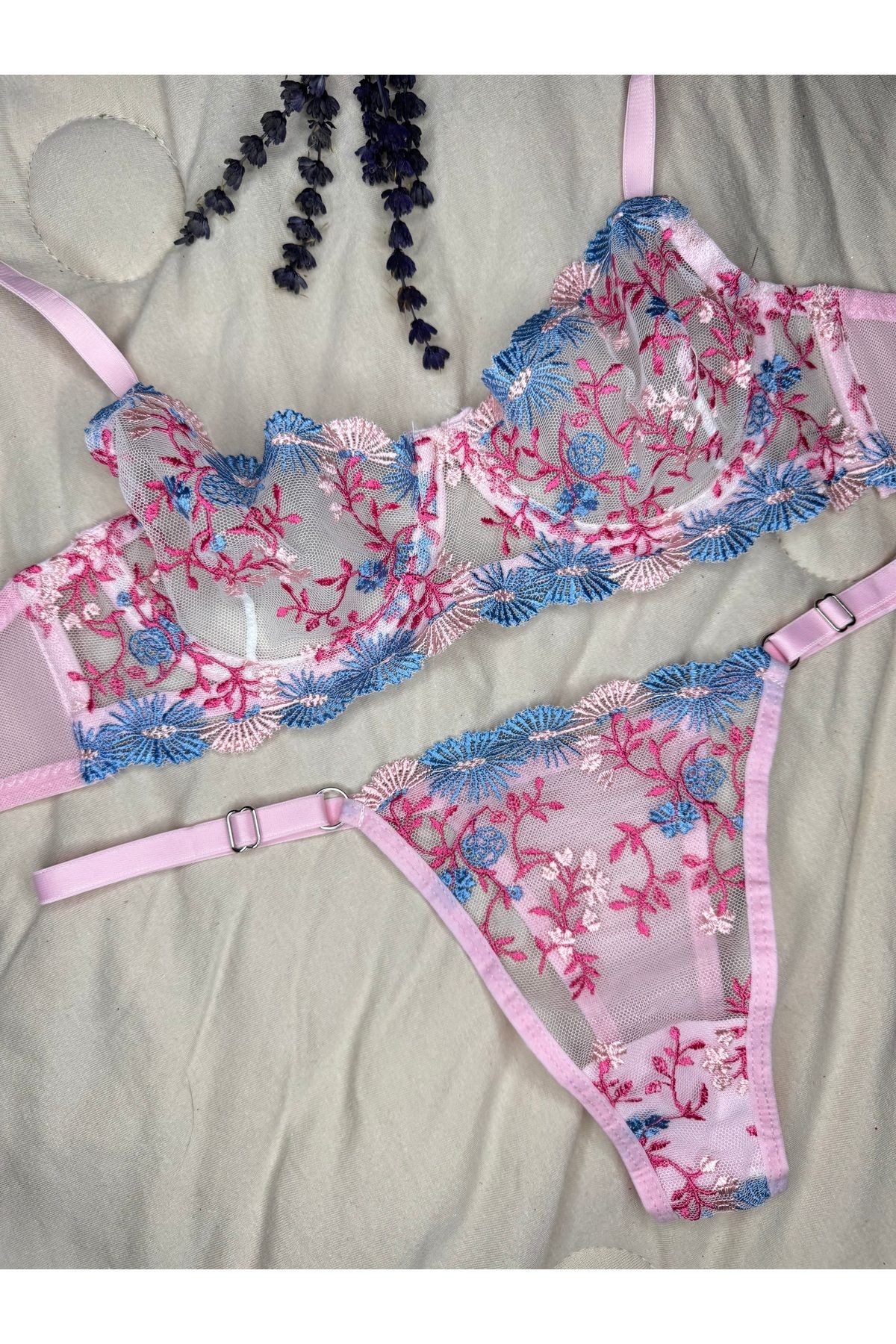 Transparan Tül Bralet Takım  - pudra mavi