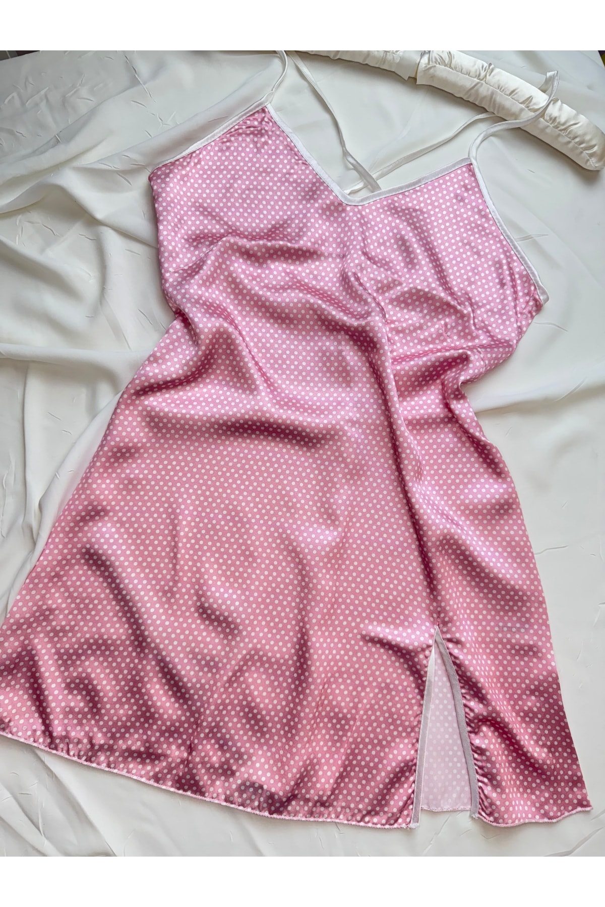 Basic Desenli Arkası Çarpraz Saten Mini Elbise Gecelik - pembe