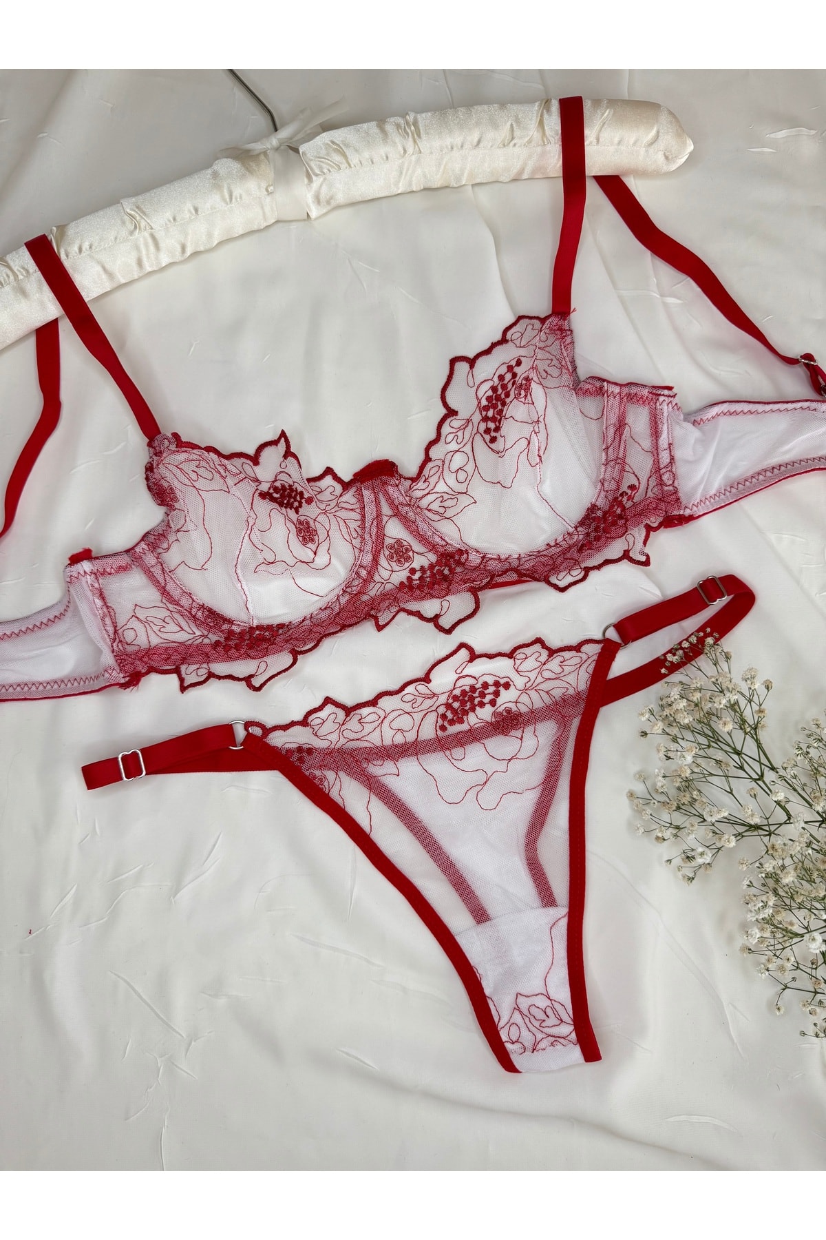 Romantik Çiçek Desenli Transparan Bralet Set