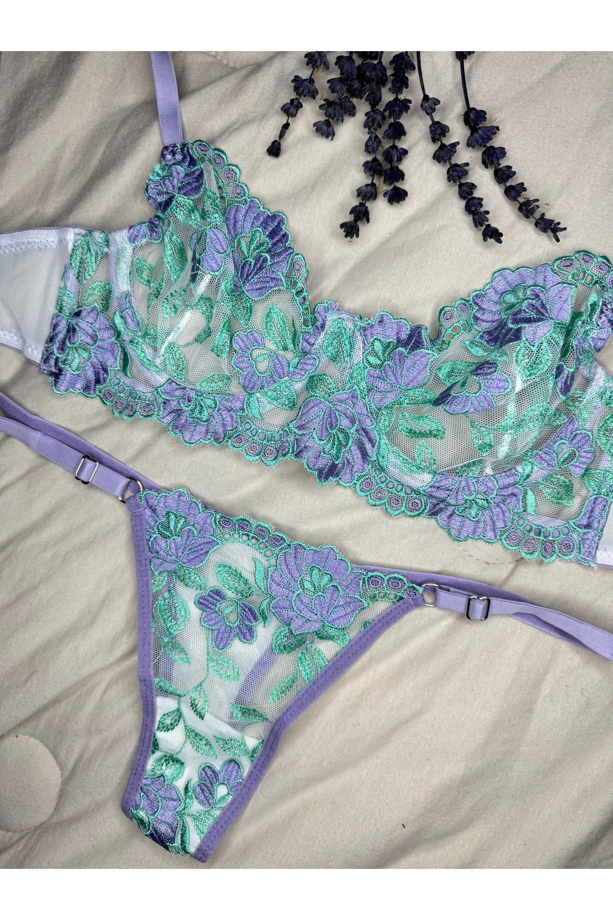 Transparan Tül Bralet Takım  - lila yeşil