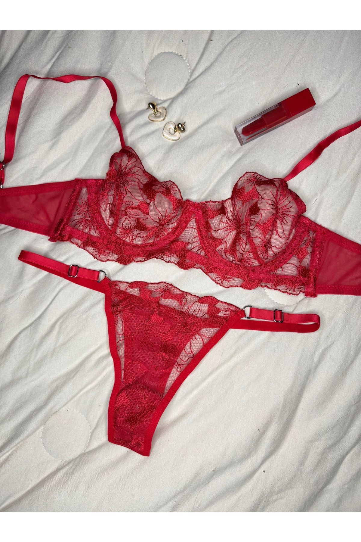 Transparan Tül Bralet Takım  - koyu kırmızı