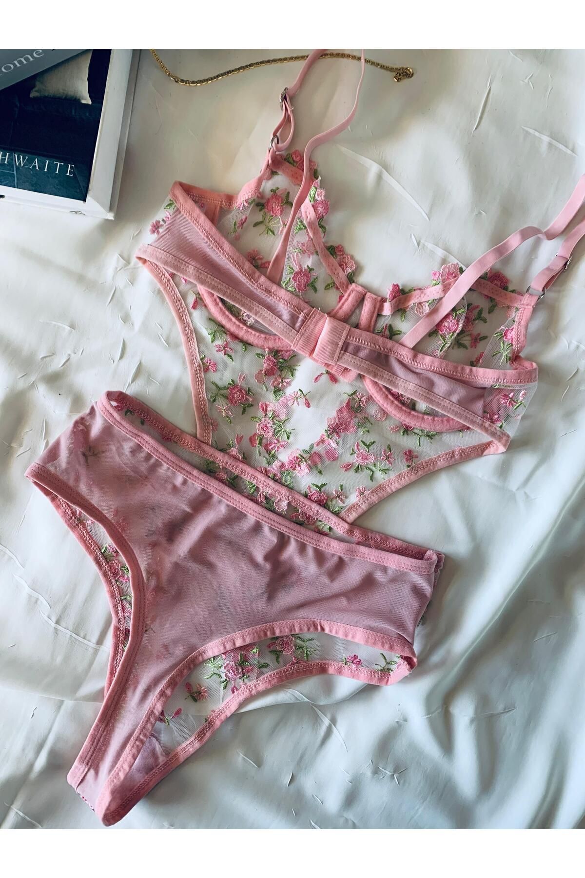 Bebe Mavi Dantelli Brode Balenli Kapsız Transparan Bodysuit - pembe-yeşil