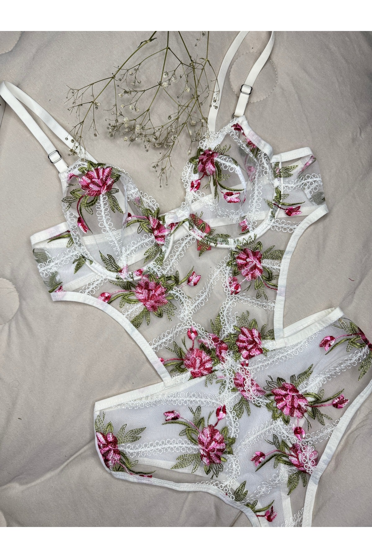 Bebe Mavi Dantelli Brode Balenli Kapsız Transparan Bodysuit - ekru pembe