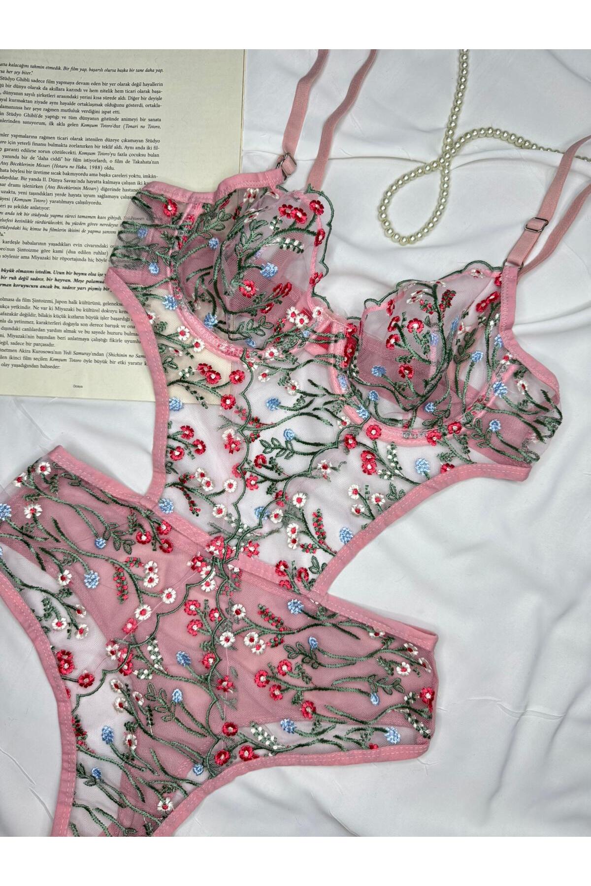 Bebe Mavi Dantelli Brode Balenli Kapsız Transparan Bodysuit - pudra yeşil
