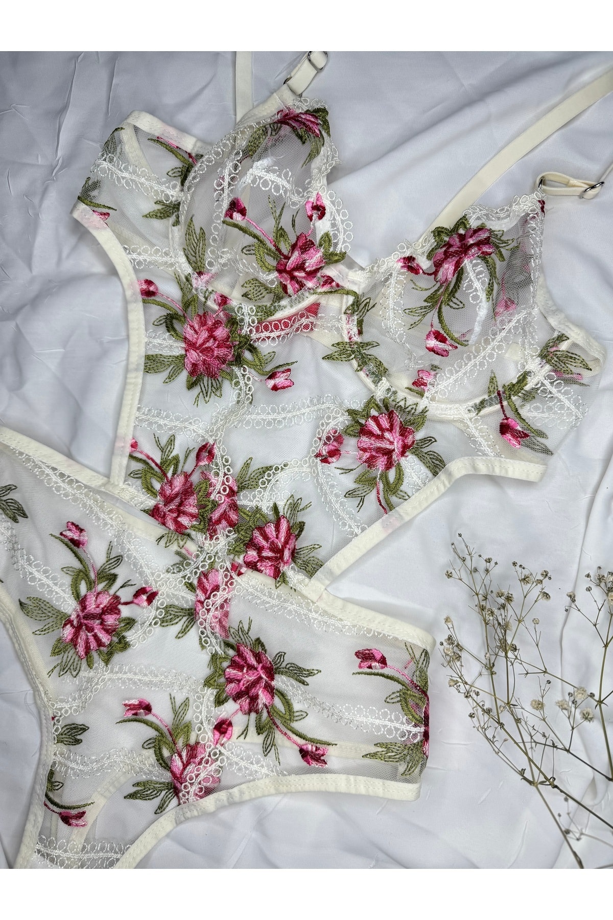 Bebe Mavi Dantelli Brode Balenli Kapsız Transparan Bodysuit - ekru pembe