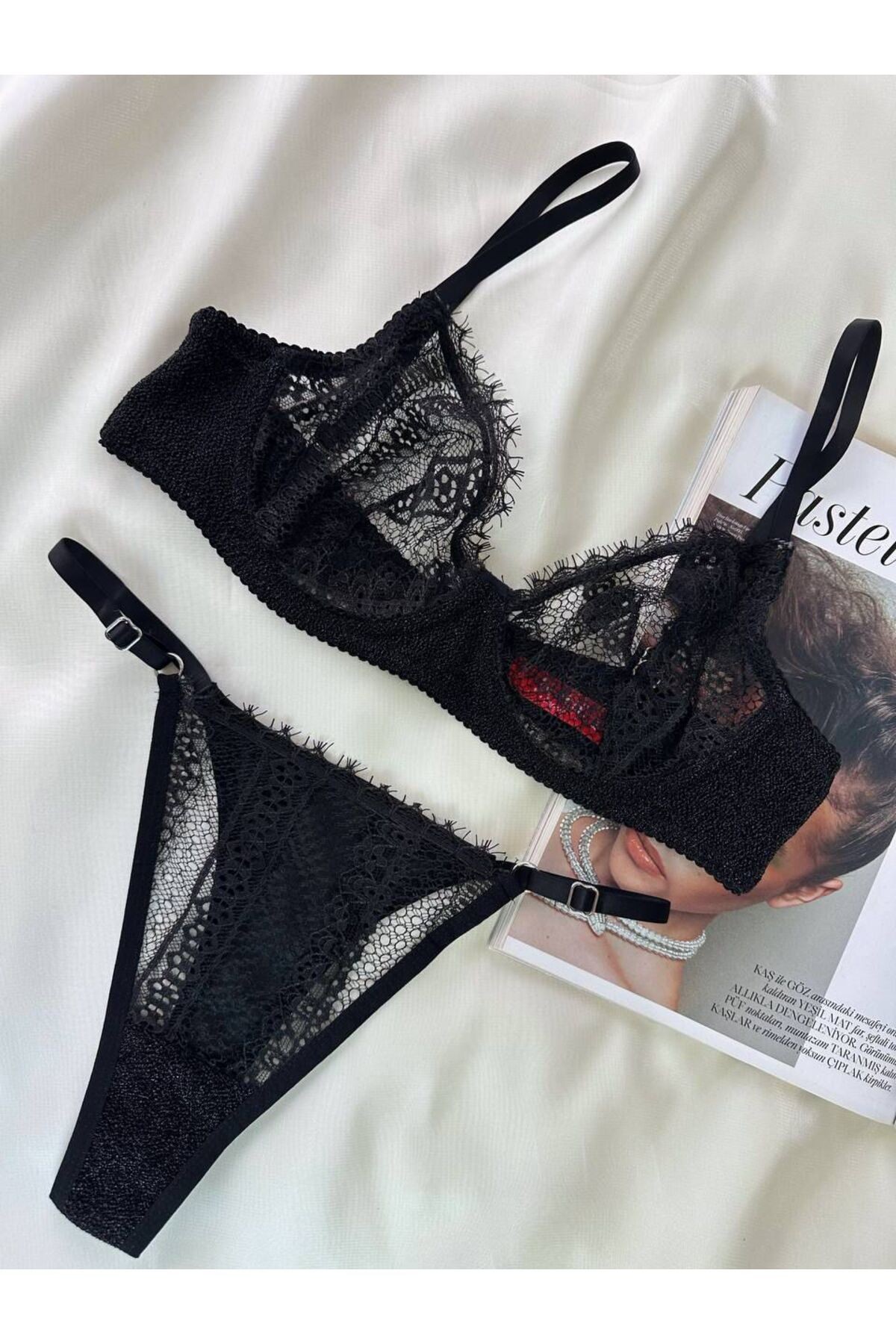 Dantelli Simli Parlak Kumaşlı Bralet Takımı - siyah