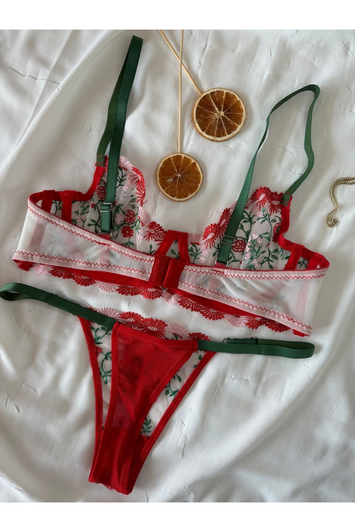 Transparan Tül Bralet Takım  - kırmızı yeşil