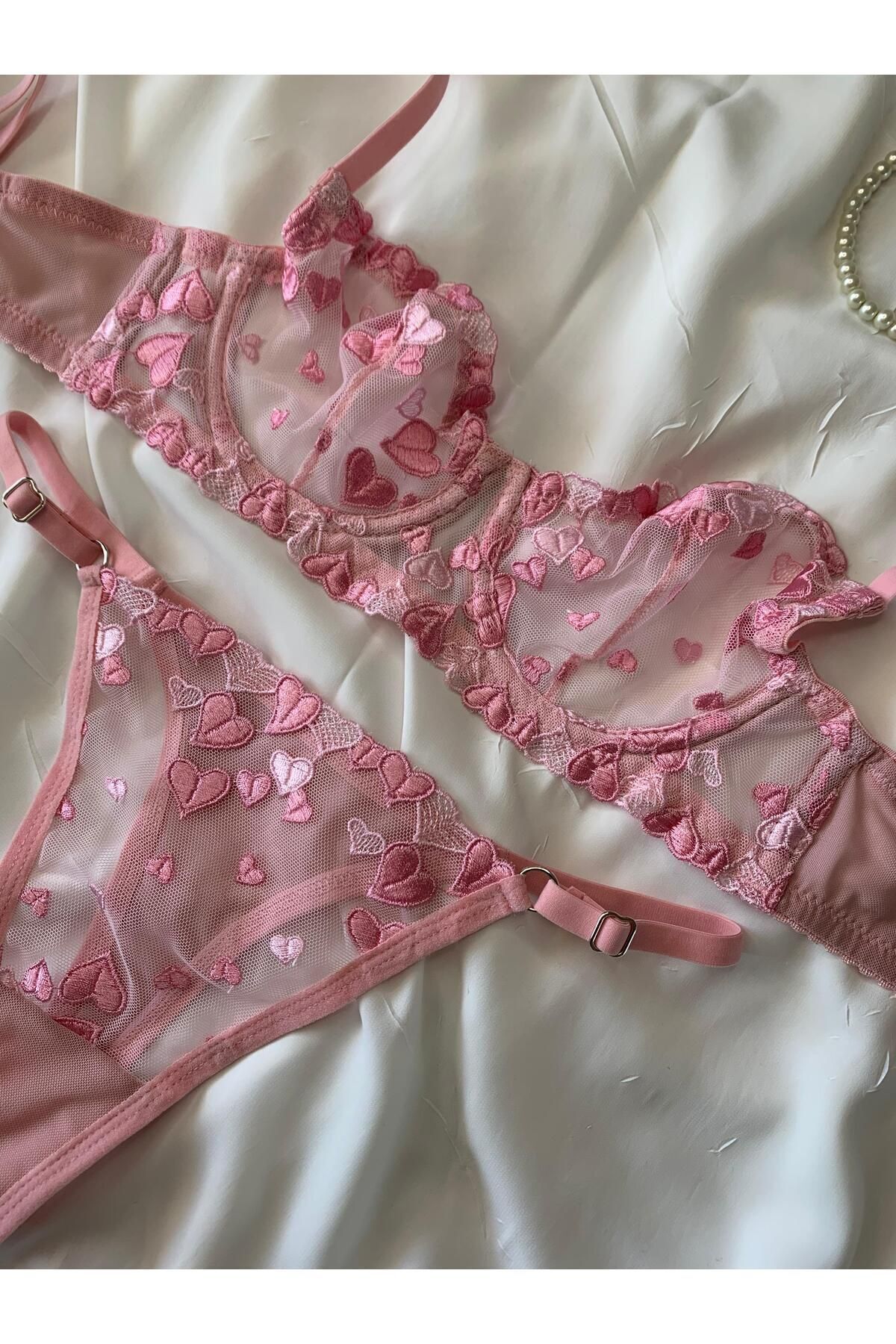 Kalp Desenli Dantelli Kapsız Bralet Sütyen Takım (SÜTYEN-TANGA) - pembe