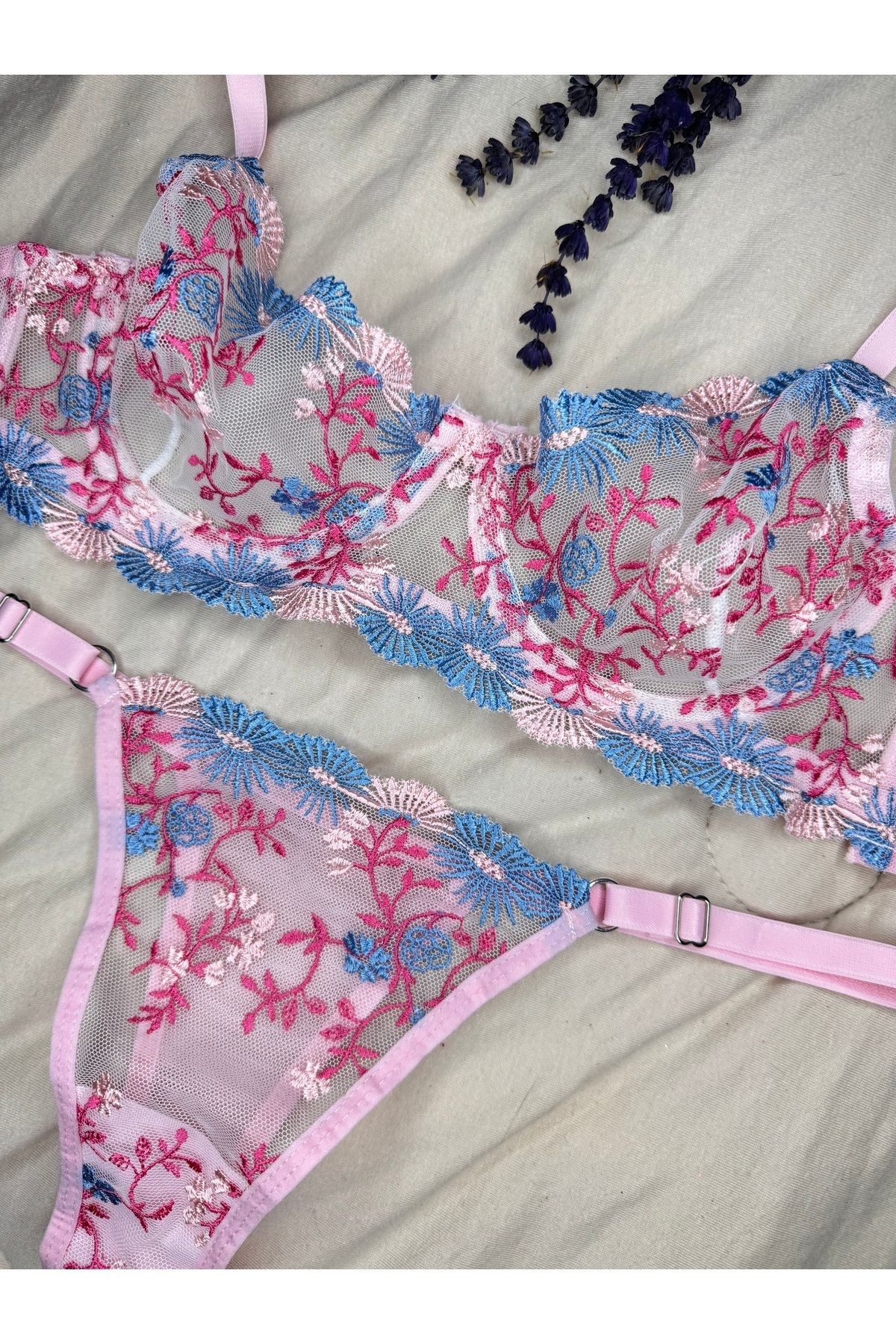 Transparan Tül Bralet Takım  - pudra mavi