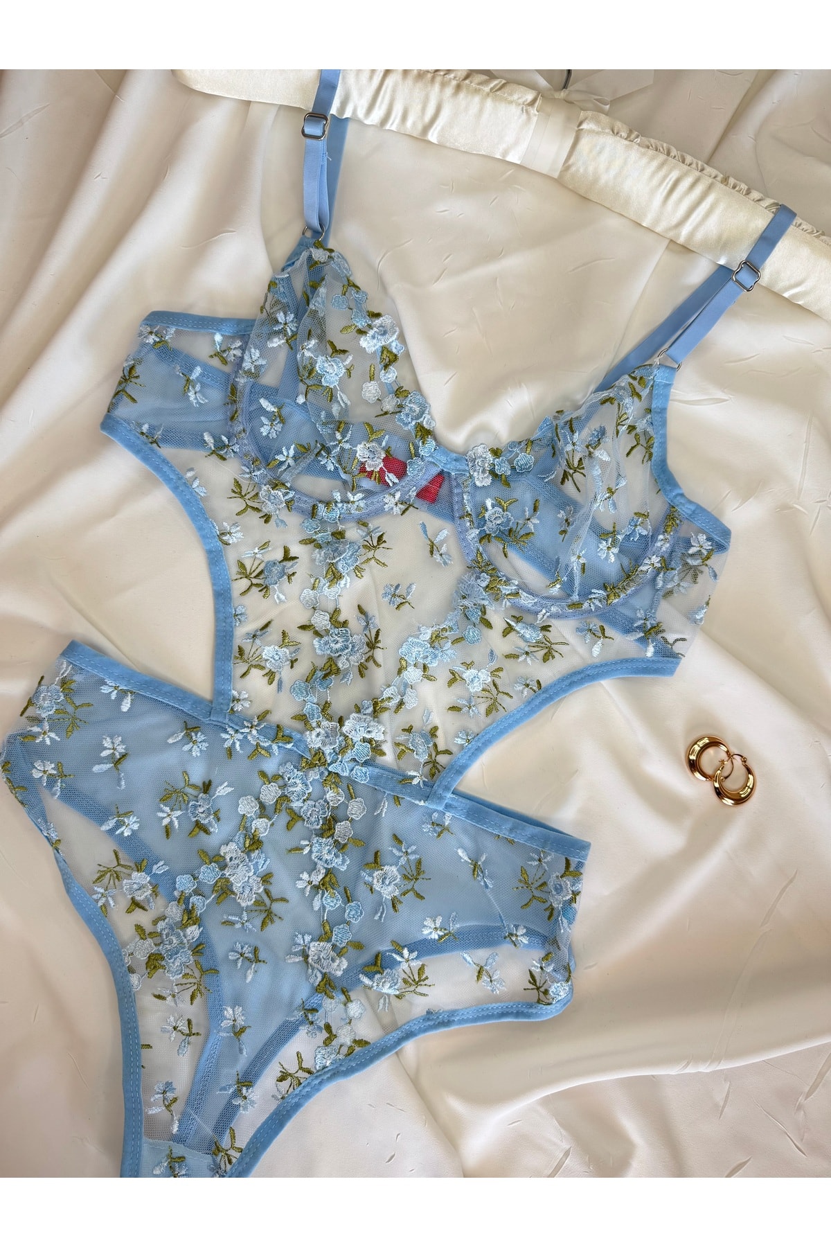 Bebe Mavi Dantelli Brode Balenli Kapsız Transparan Bodysuit - mavi yeşil