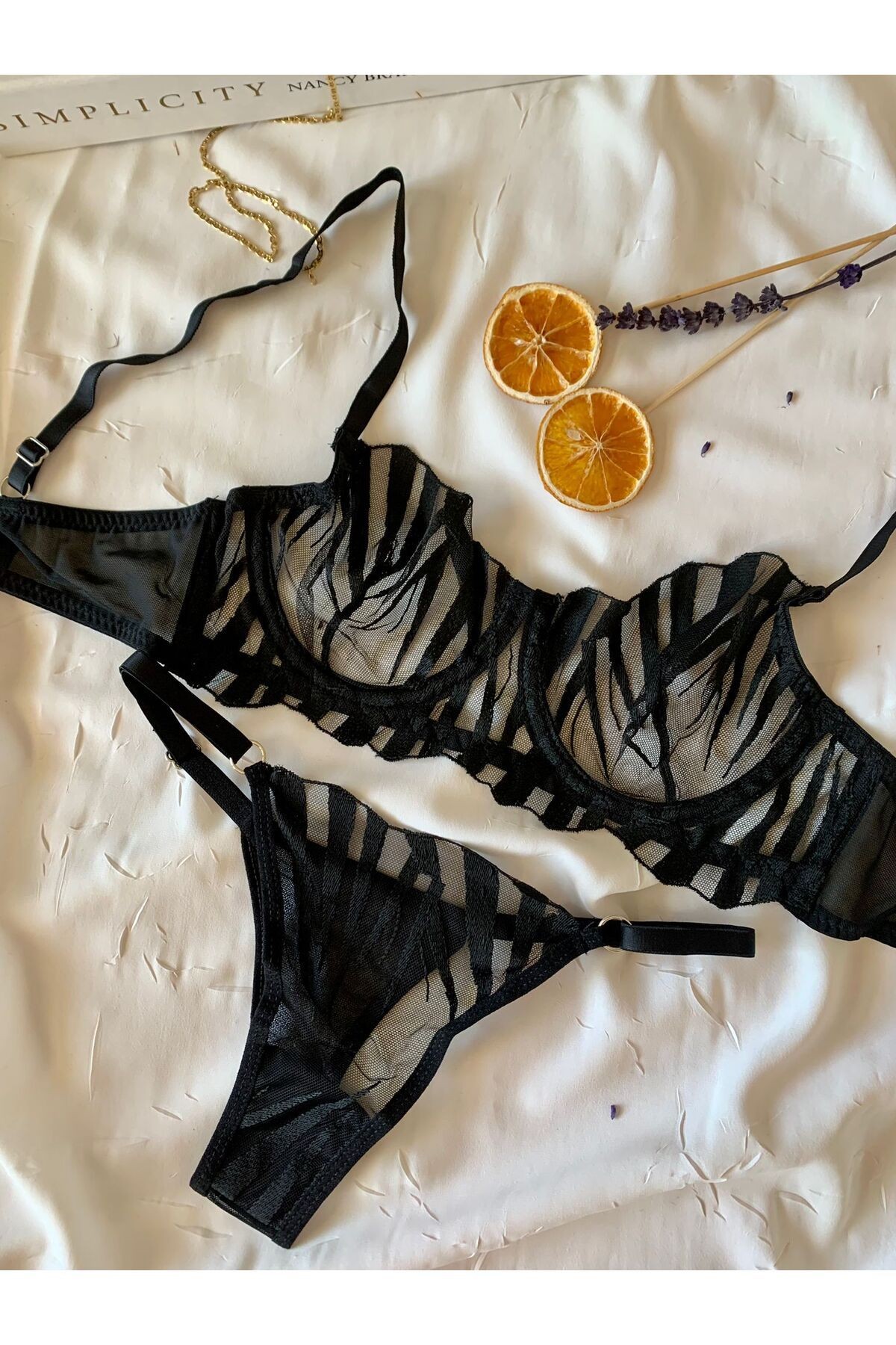 Transparan Tül Bralet Takım  - siyah