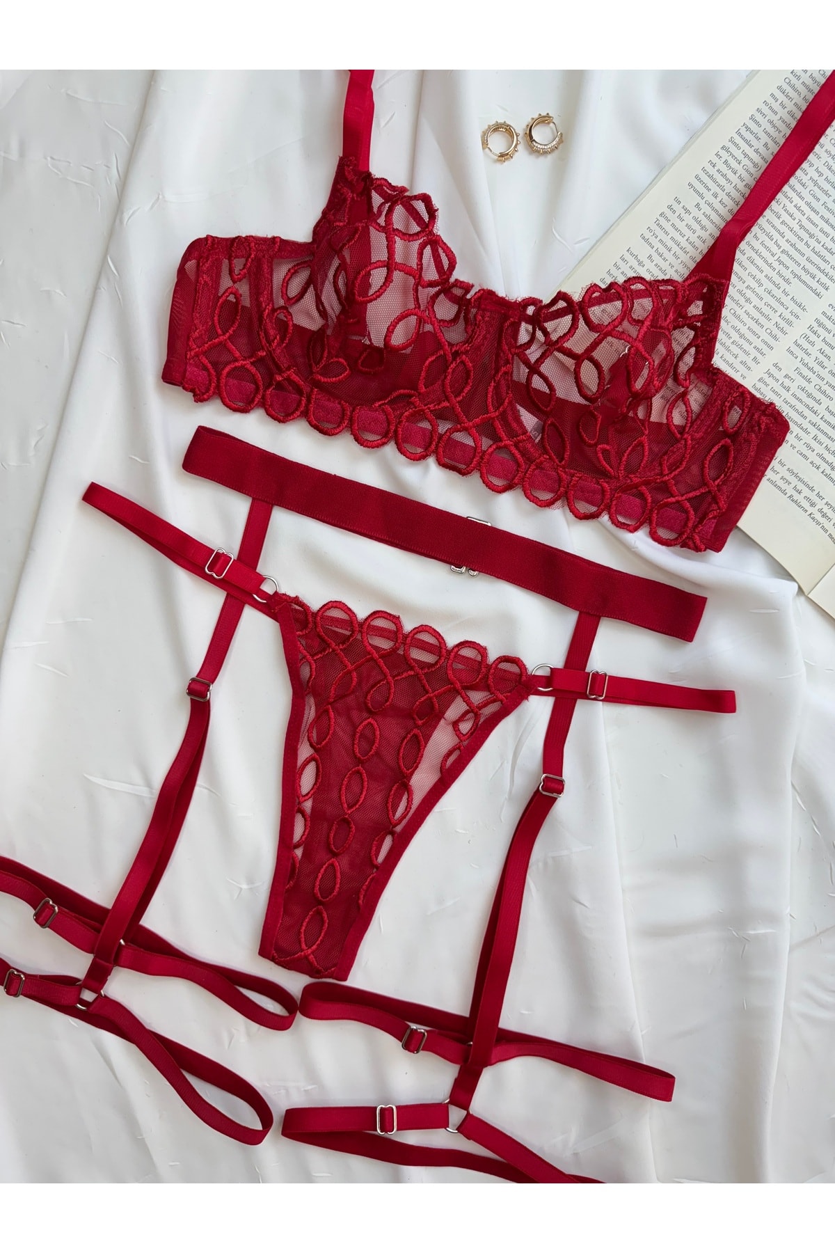 3’lü Set Dantelli Bralet Takımı - kırmızı