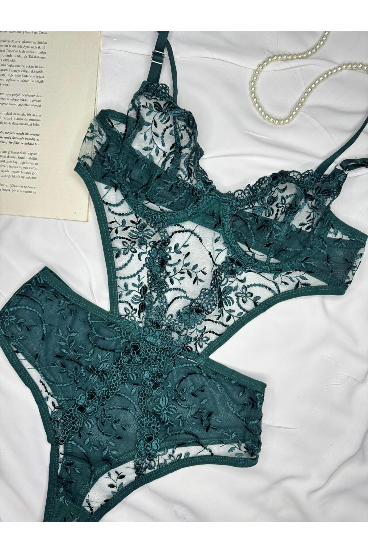 Bebe Mavi Dantelli Brode Balenli Kapsız Transparan Bodysuit - zümrüt yeşili