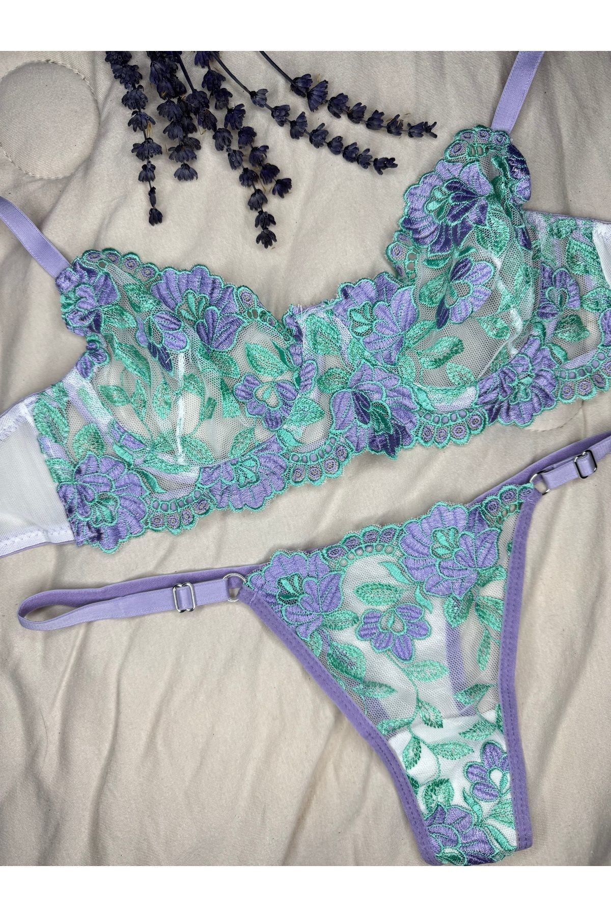 Transparan Tül Bralet Takım  - lila yeşil