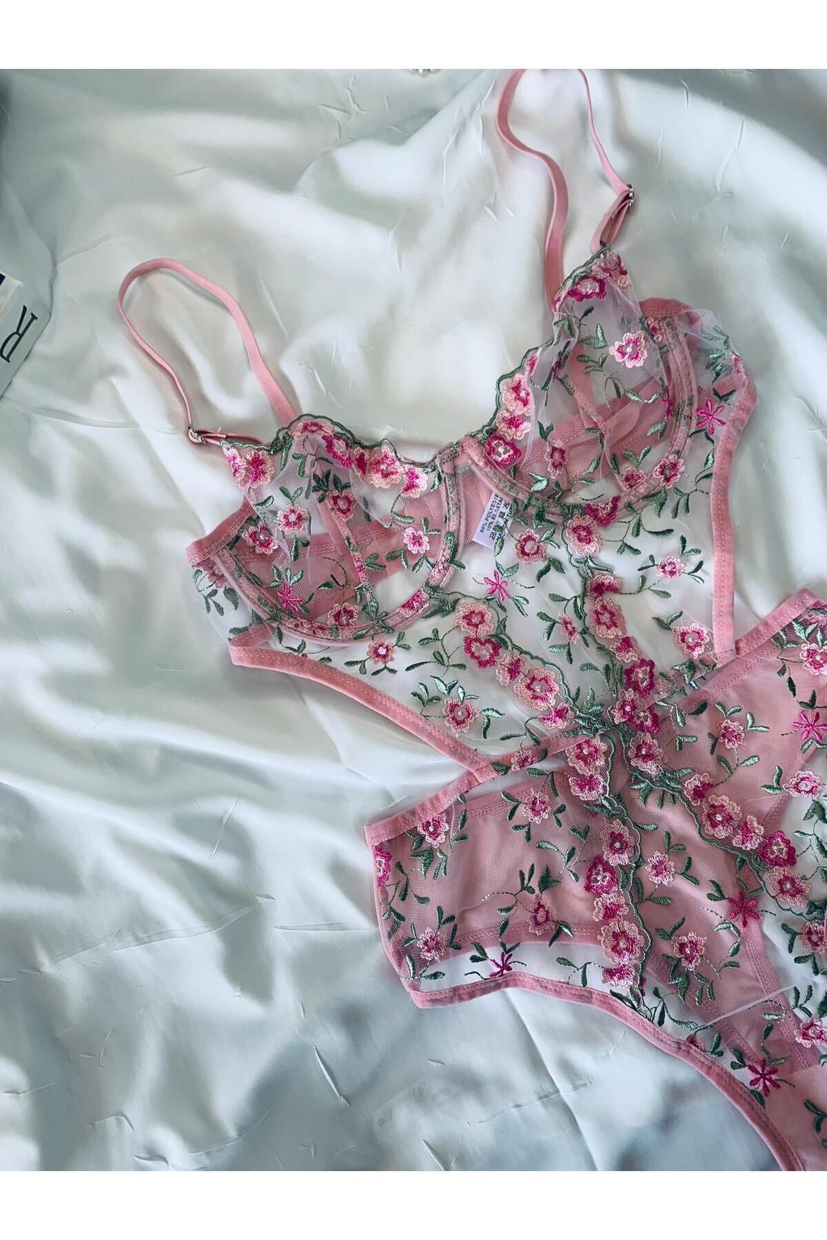 Bebe Mavi Dantelli Brode Balenli Kapsız Transparan Bodysuit - renkli