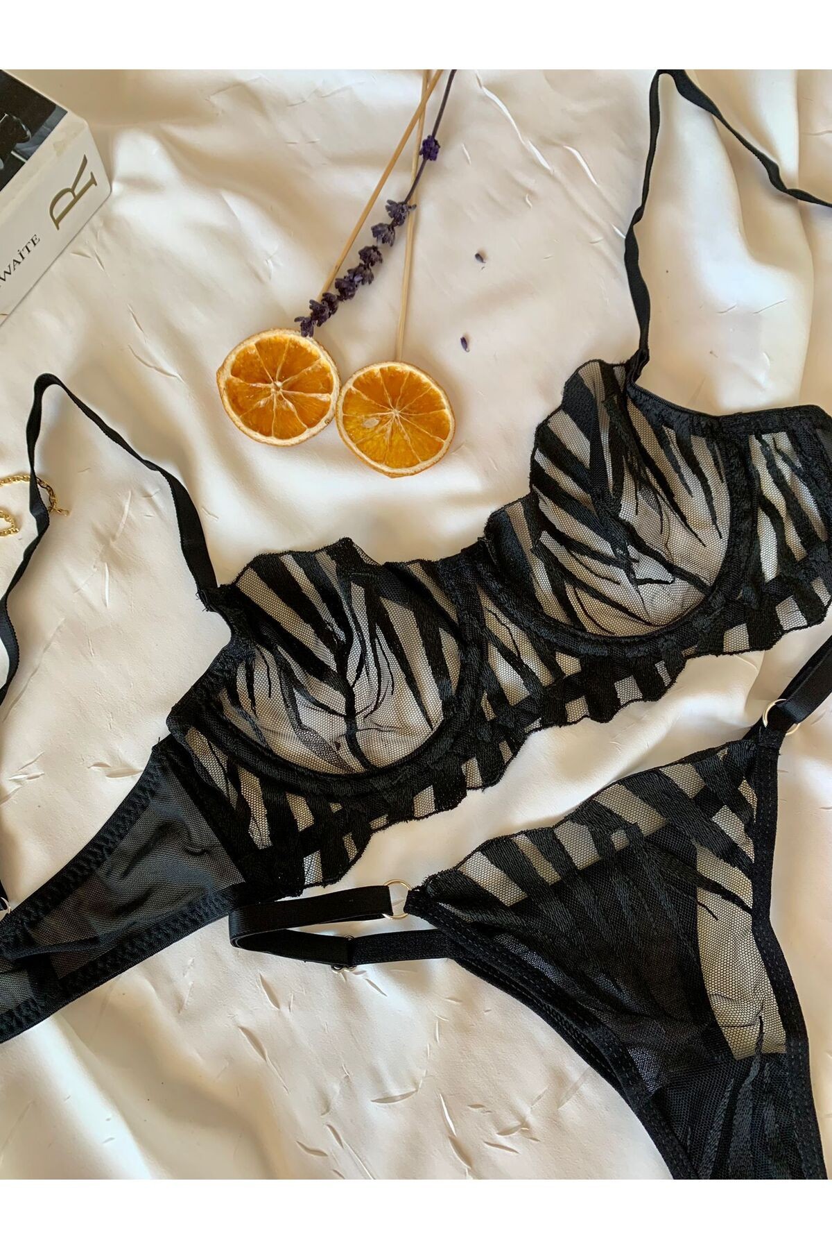Transparan Tül Bralet Takım  - siyah