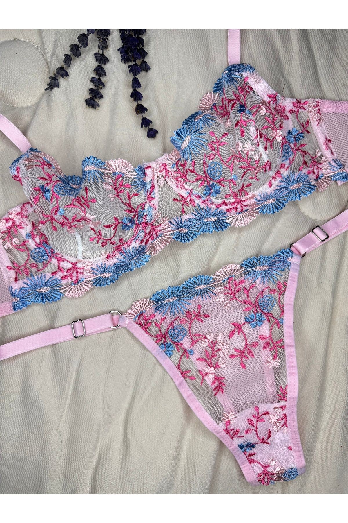Transparan Tül Bralet Takım  - pudra mavi