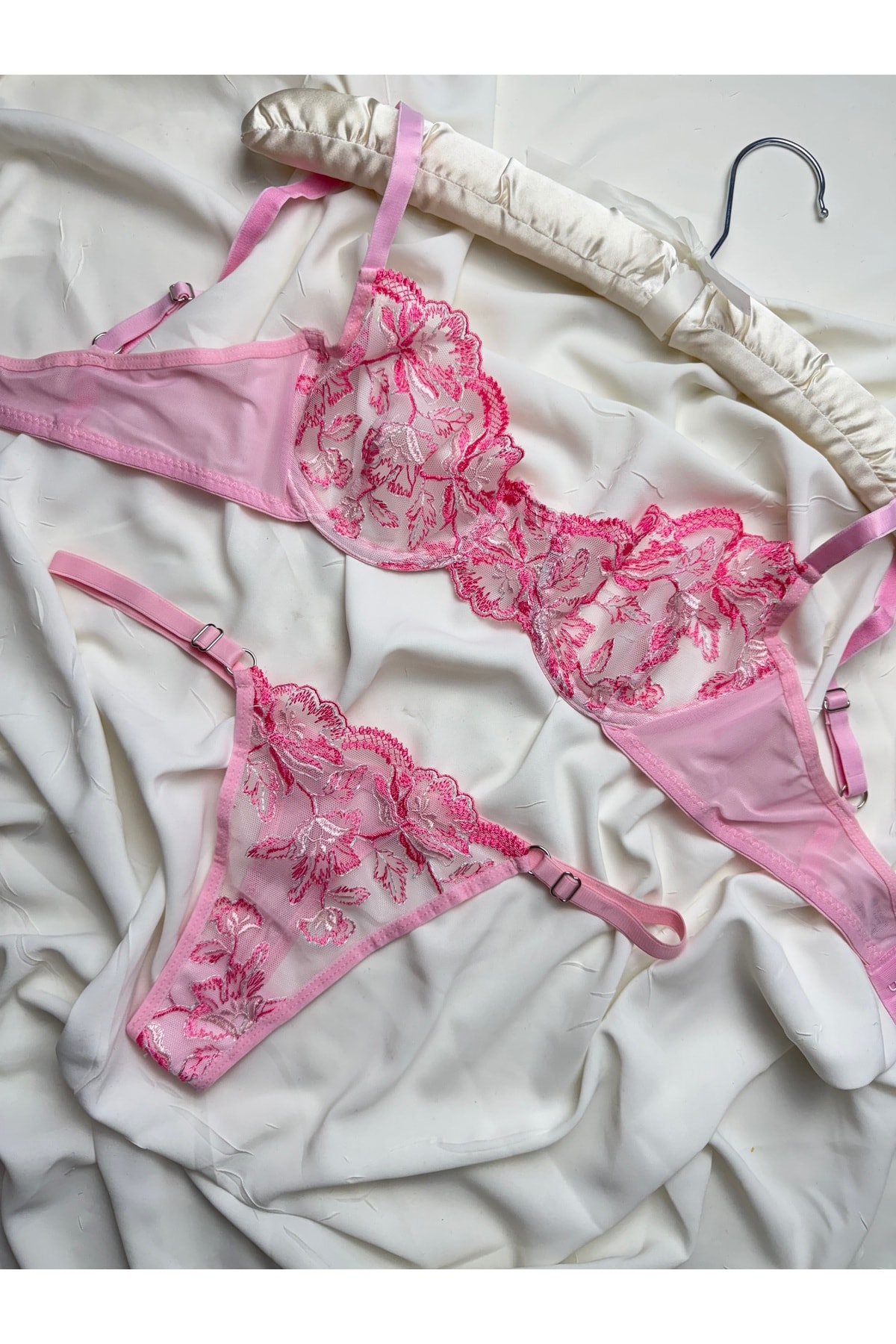 Desenli Transparan Bralet Takım - pembe