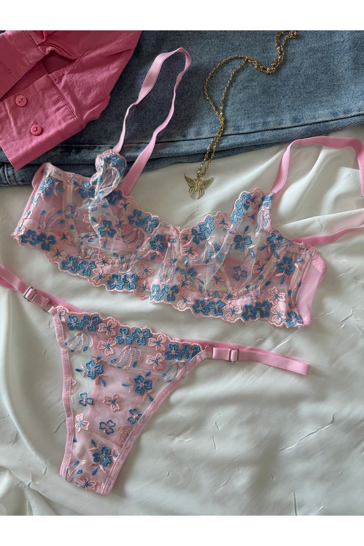Transparan Tül Bralet Takım  - pembe mavi