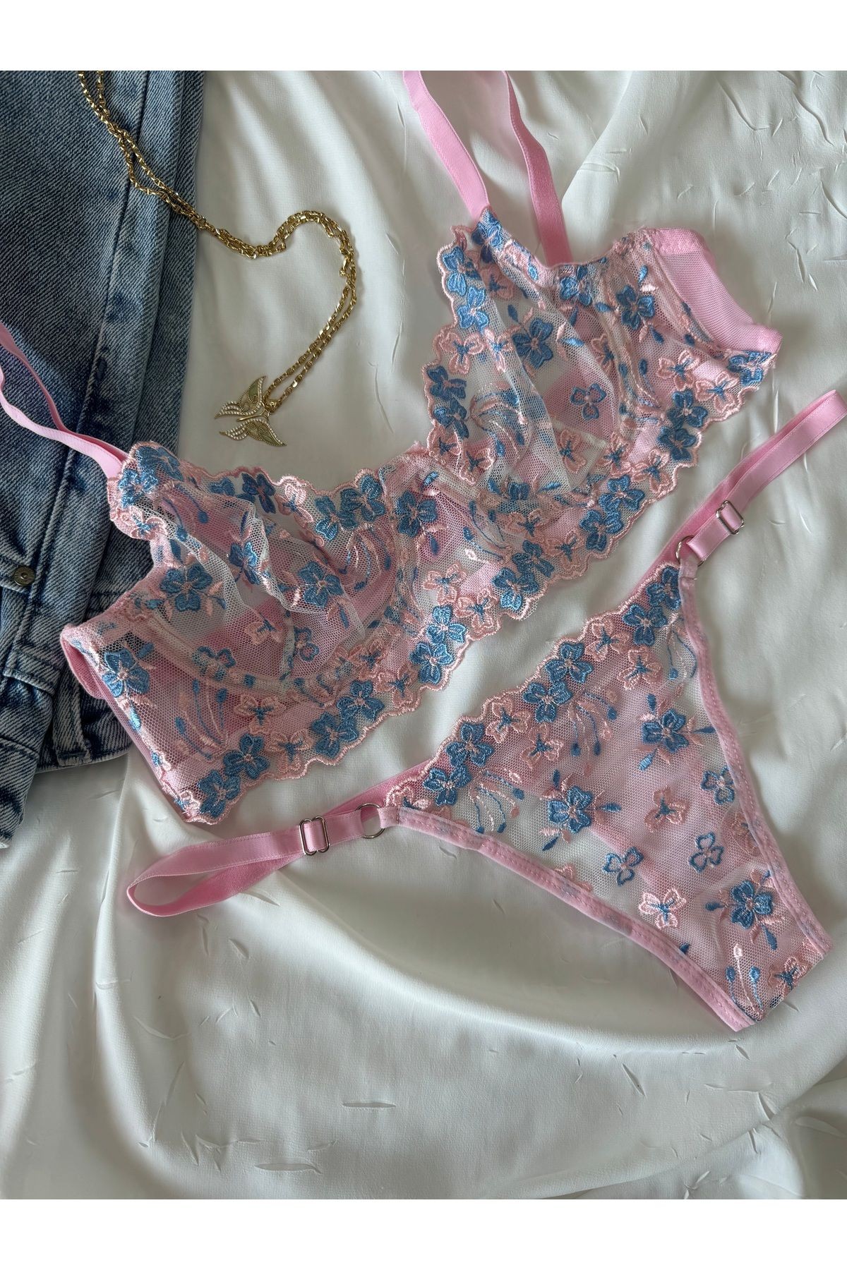 Transparan Tül Bralet Takım  - pembe mavi
