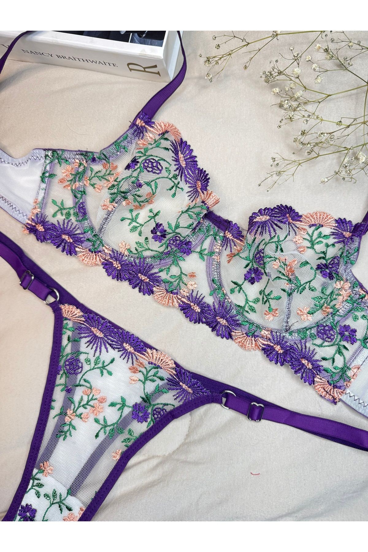 Transparan Tül Bralet Takım  - mor yeşil