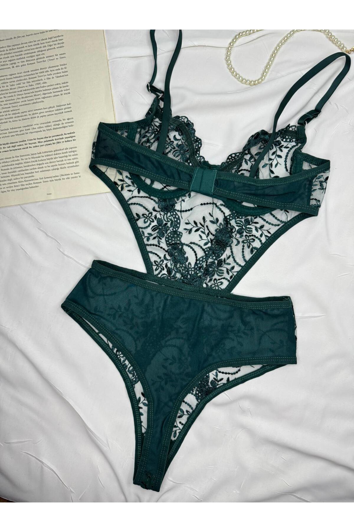 Bebe Mavi Dantelli Brode Balenli Kapsız Transparan Bodysuit - zümrüt yeşili