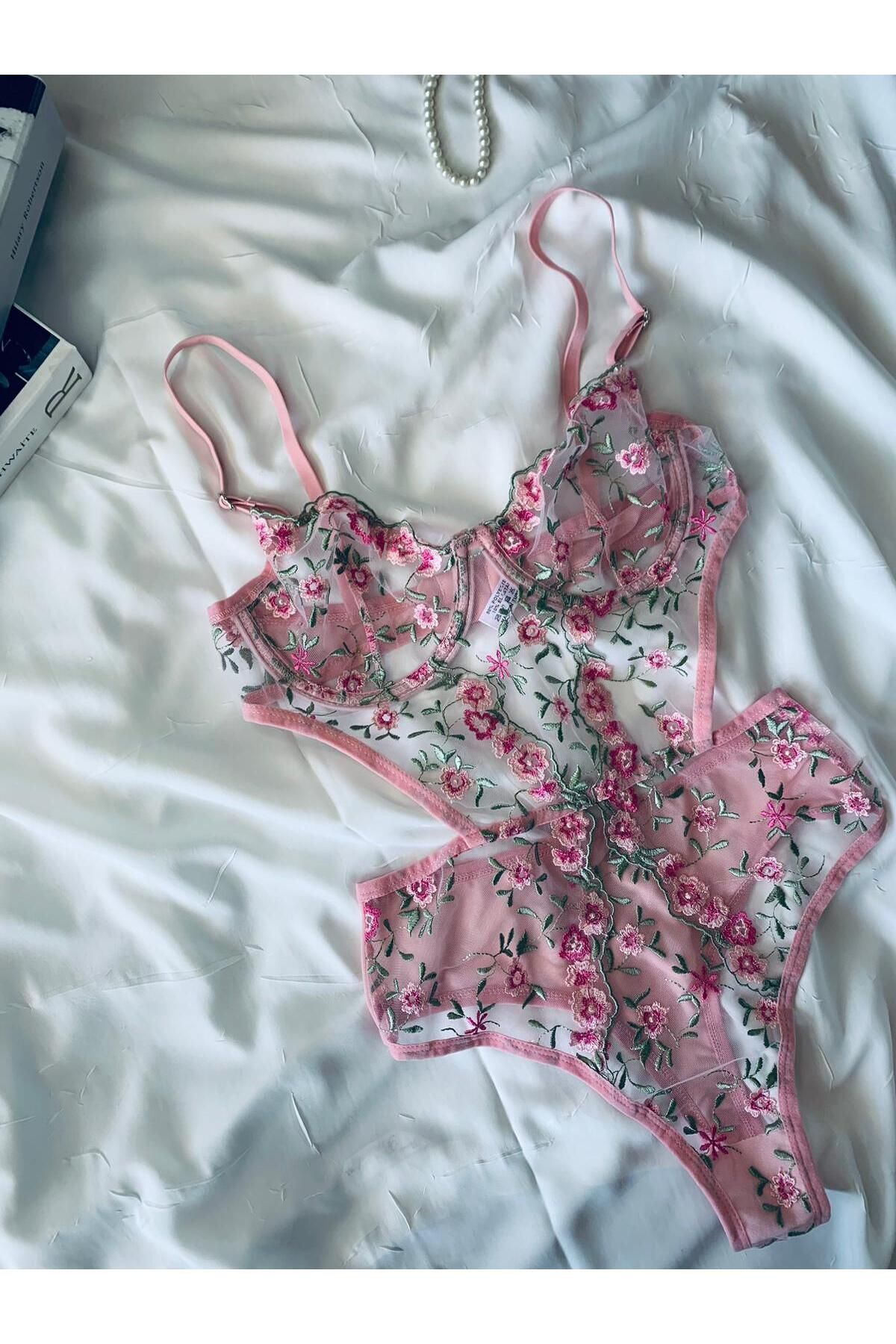 Bebe Mavi Dantelli Brode Balenli Kapsız Transparan Bodysuit - renkli