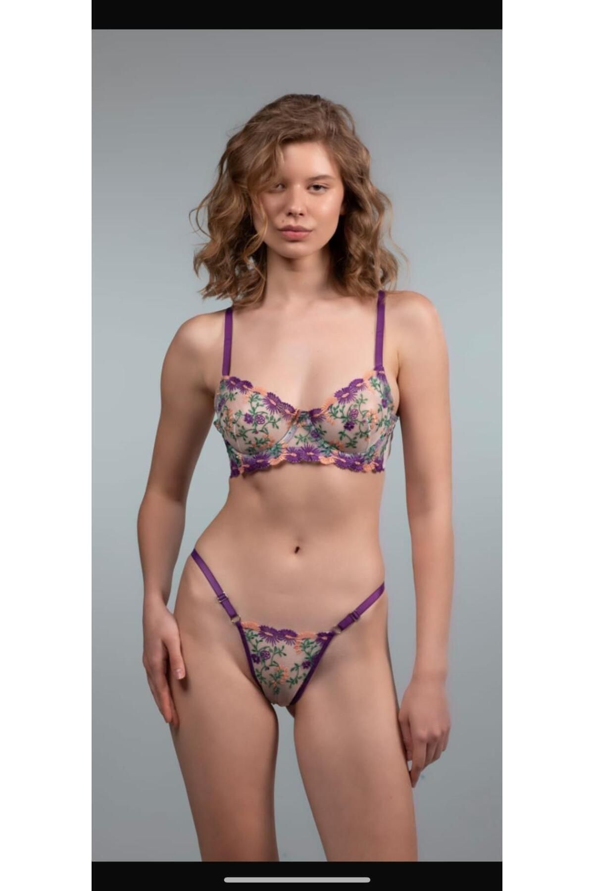 Transparan Tül Bralet Takım  - mor yeşil