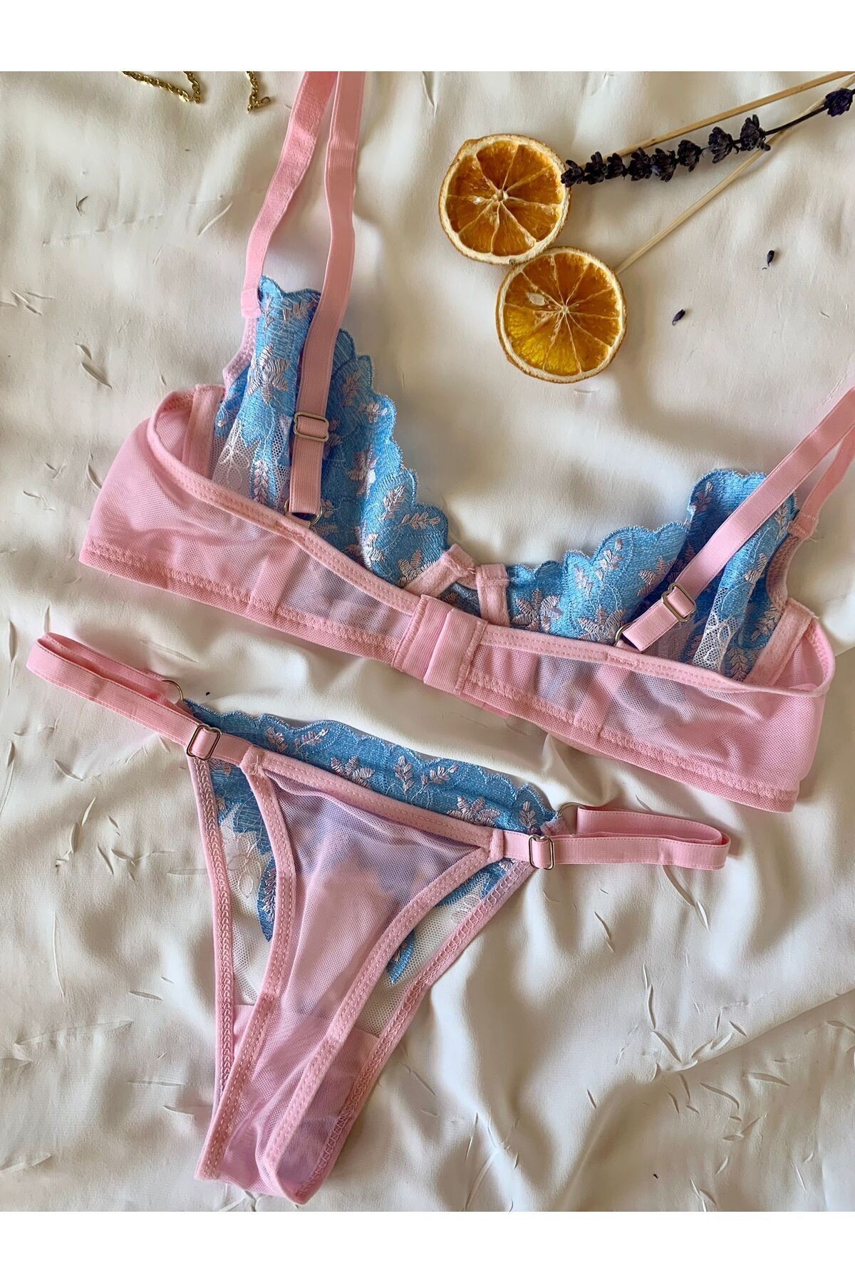 Transparan Tül Bralet Takım  - pembe
