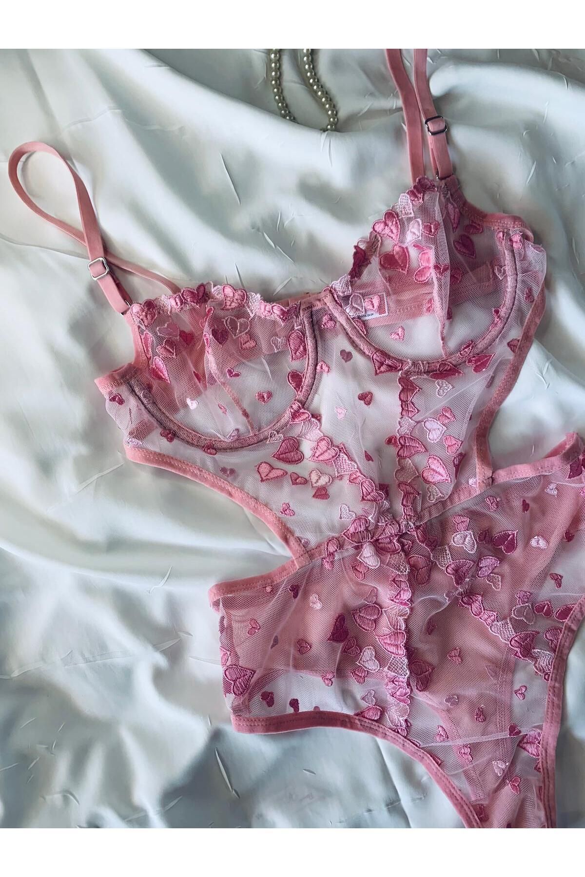 Bebe Mavi Dantelli Brode Balenli Kapsız Transparan Bodysuit - pembe