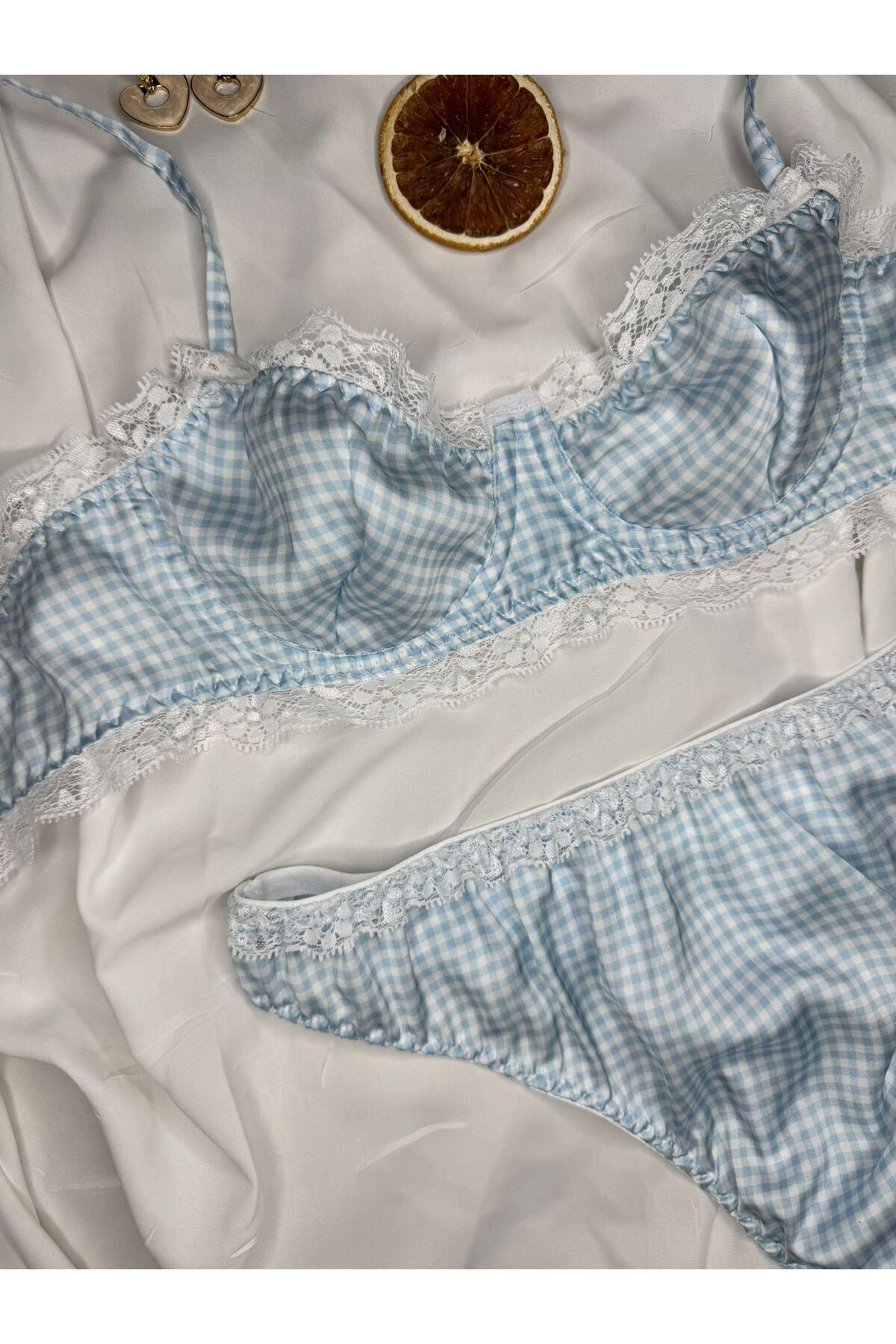 Leopar Desenli İpeksi Saten Dantel Detaylı Bralet İç Çamaşır Takımı (Sütyen-Külot) - mavi