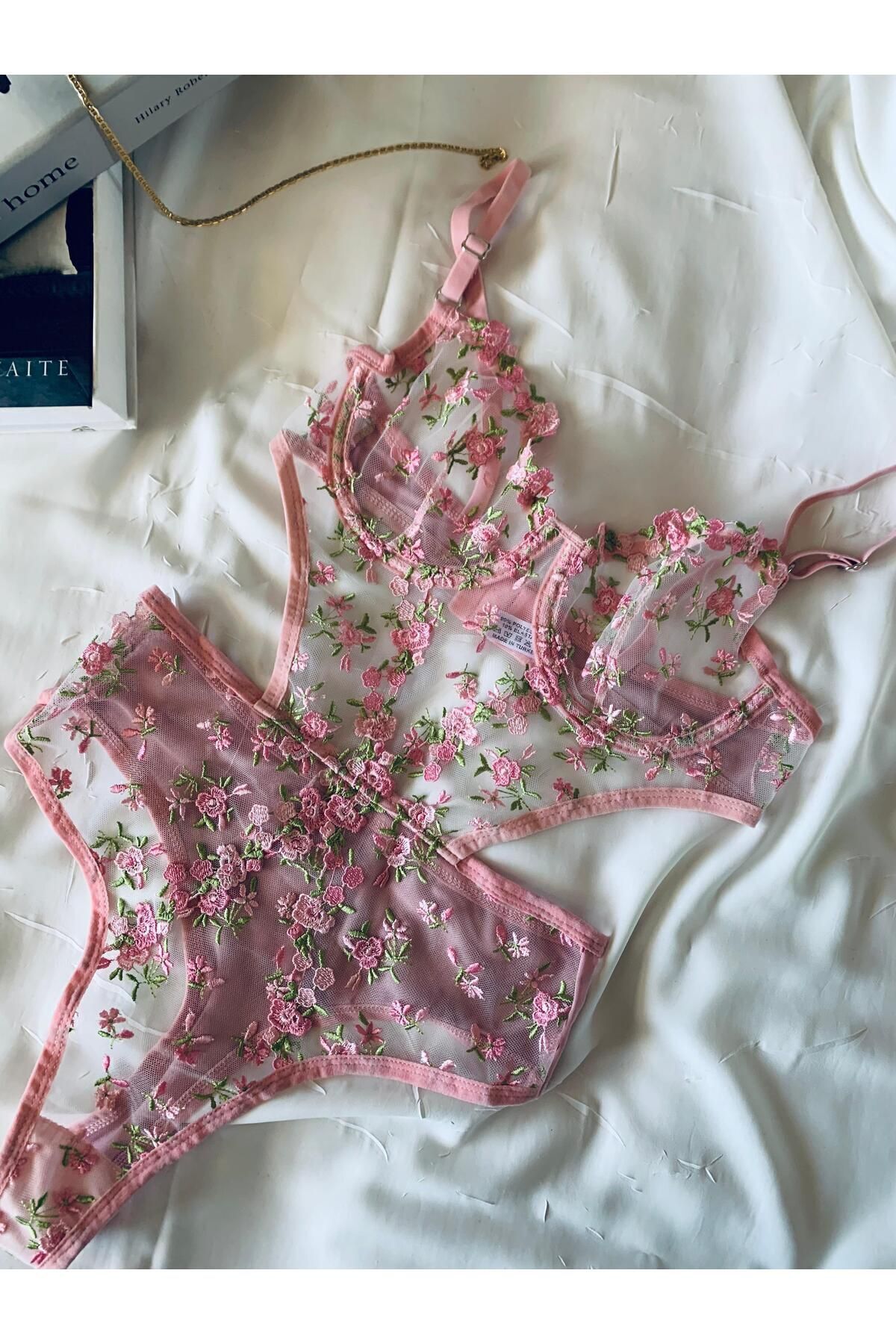 Bebe Mavi Dantelli Brode Balenli Kapsız Transparan Bodysuit - pembe-yeşil