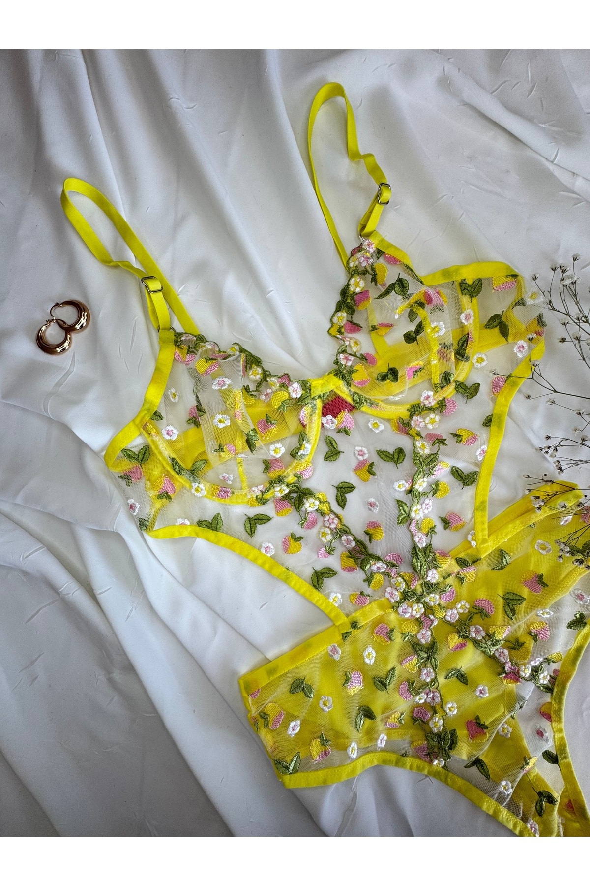 Bebe Mavi Dantelli Brode Balenli Kapsız Transparan Bodysuit - sarı