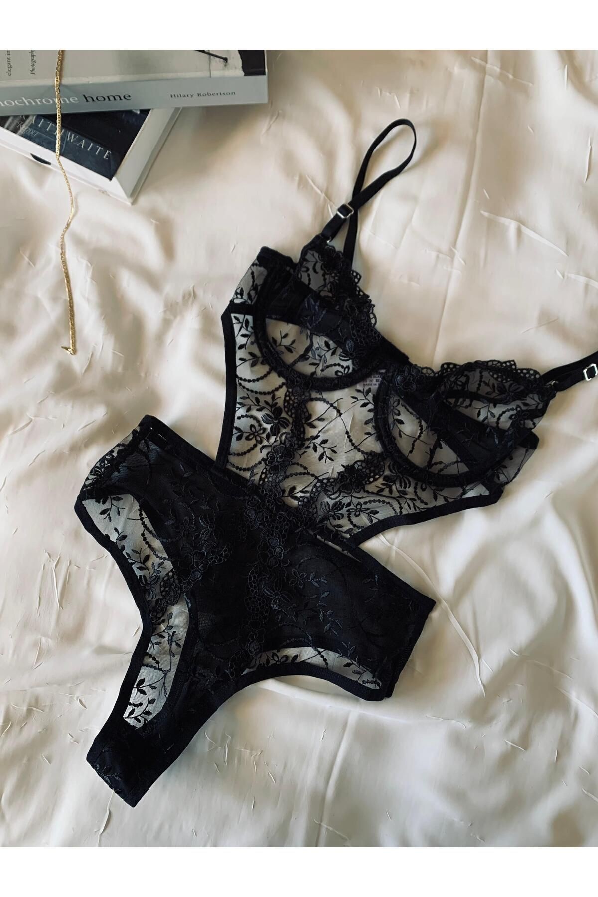 Baby Blue Lace Embroidery Underwire Coverless Transparent Bodysuit