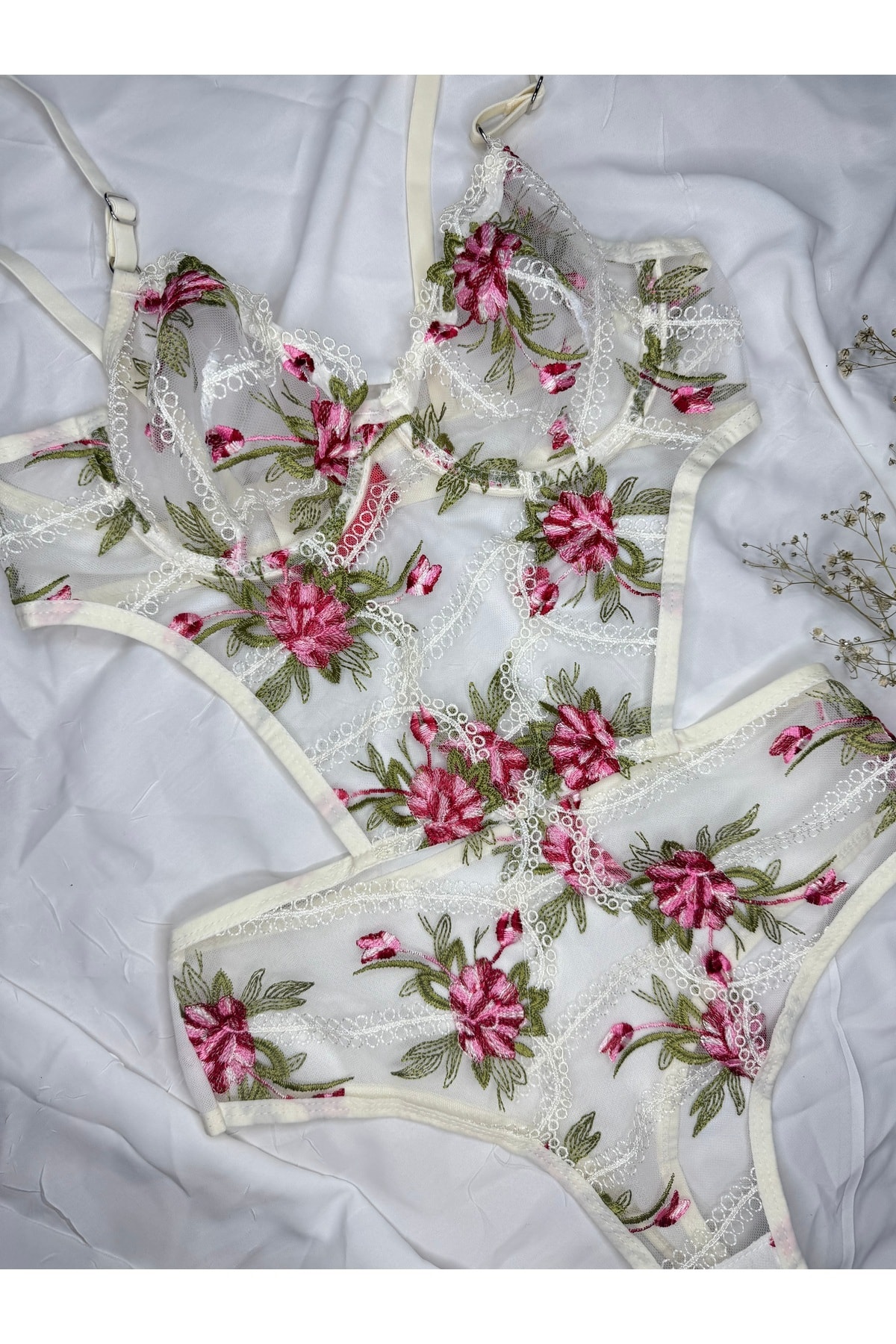 Bebe Mavi Dantelli Brode Balenli Kapsız Transparan Bodysuit - ekru pembe