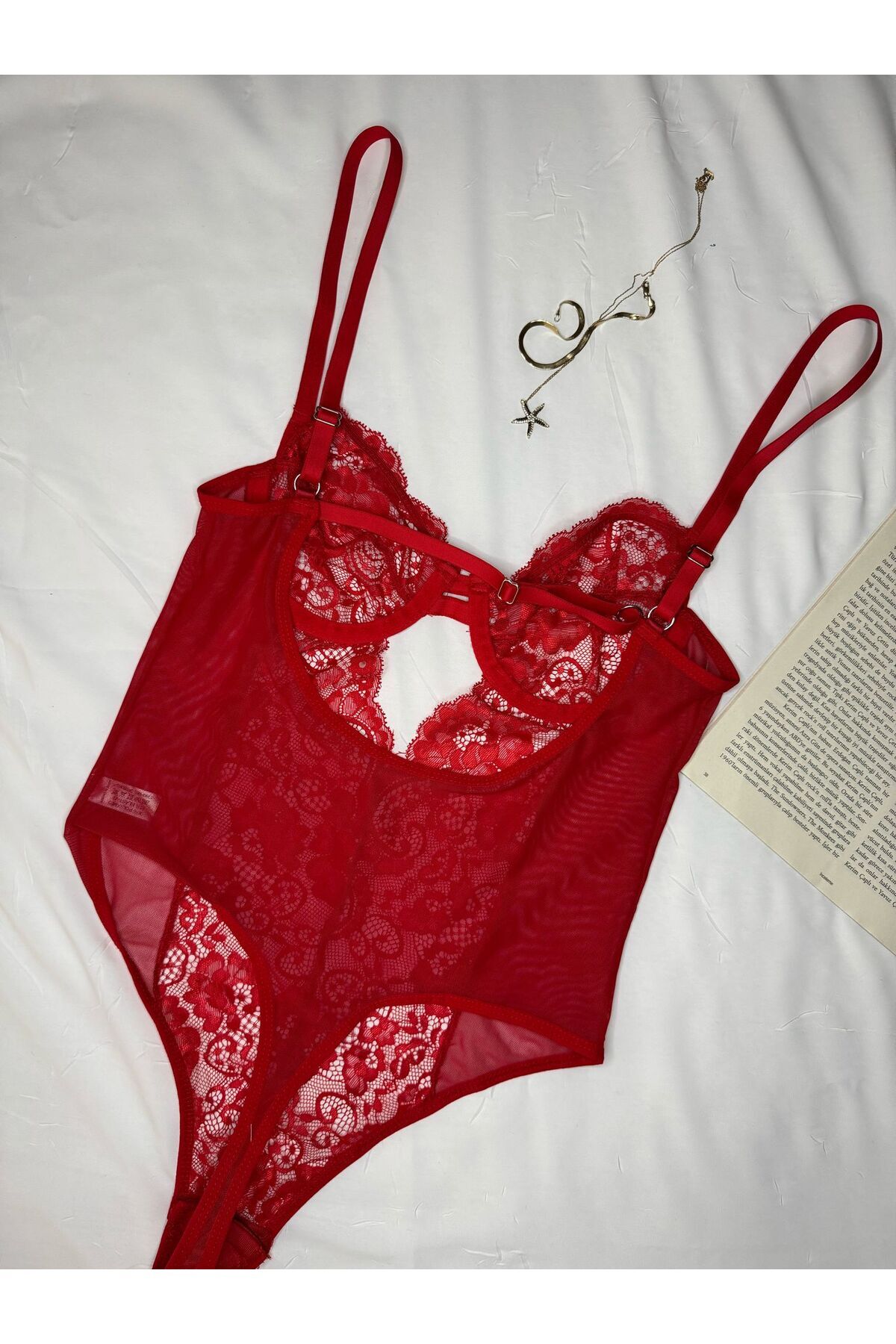 Bebe Mavi Dantelli Brode Balenli Kapsız Transparan Bodysuit - dantel kırmızı