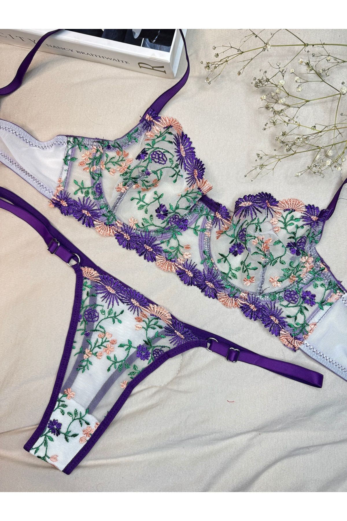 Transparan Tül Bralet Takım  - mor yeşil