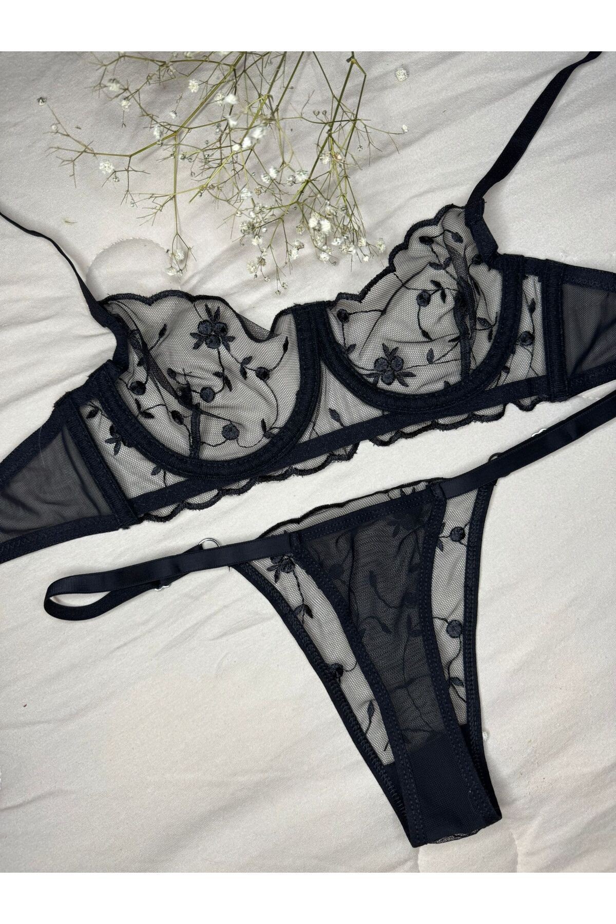 Transparan Tül Bralet Takım  - siyah çiçekli
