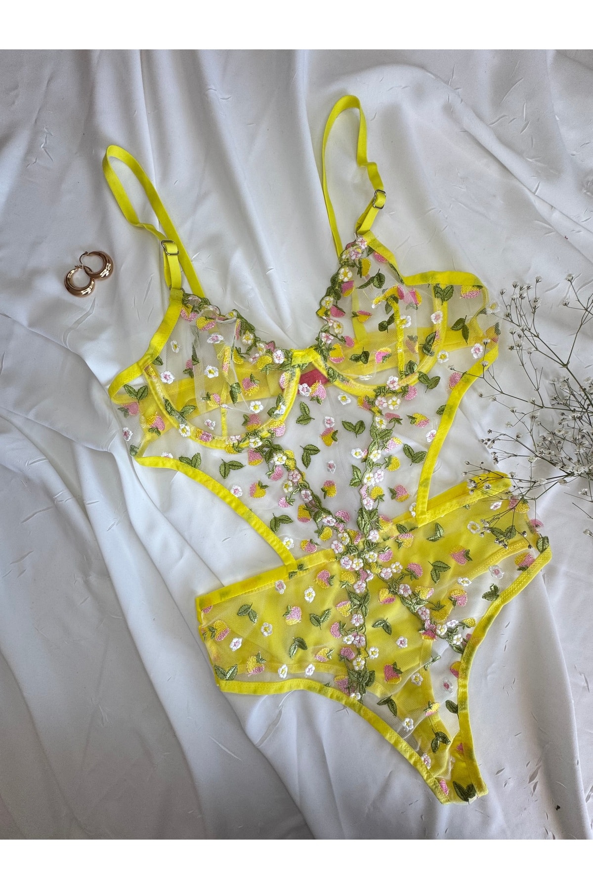 Bebe Mavi Dantelli Brode Balenli Kapsız Transparan Bodysuit - sarı