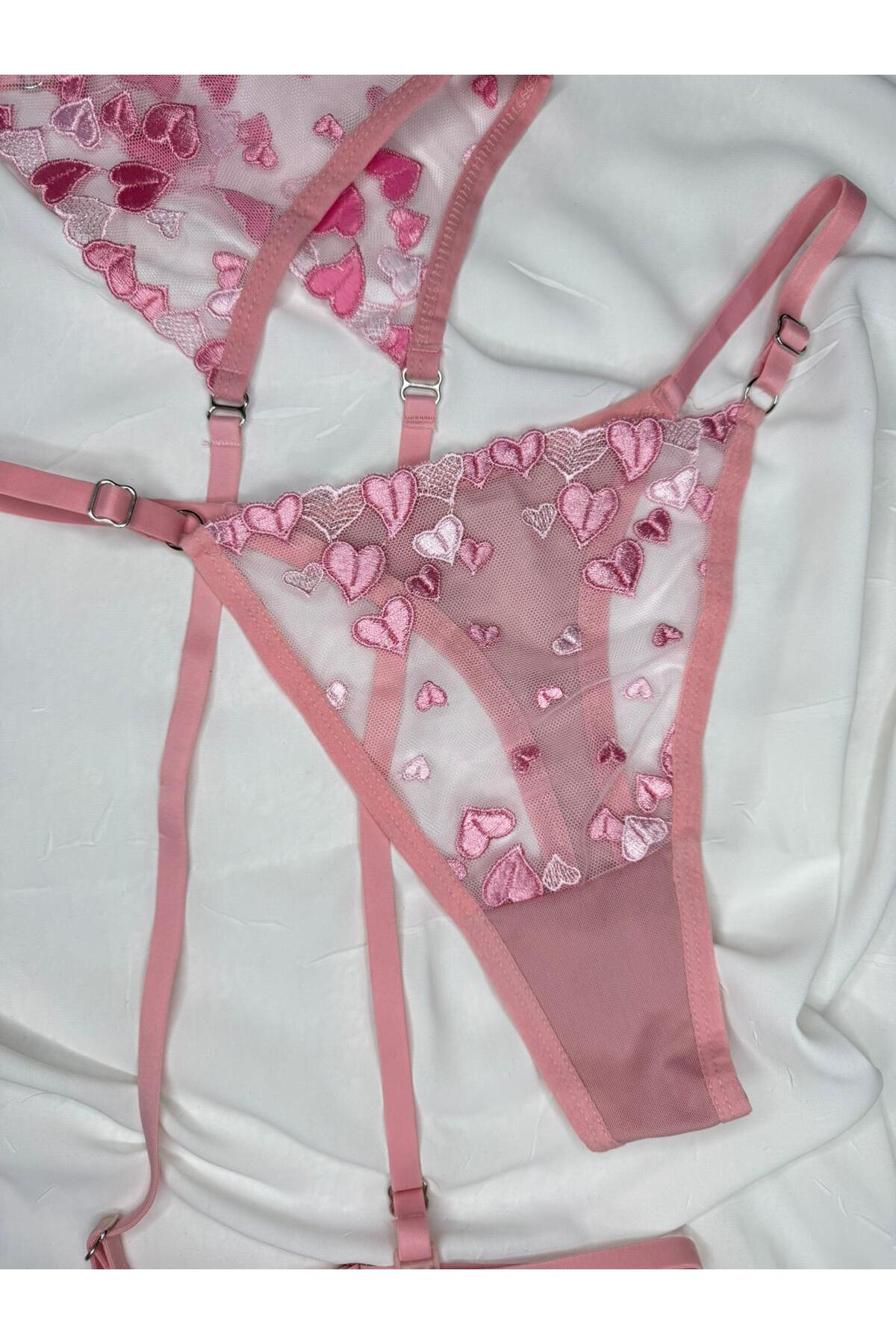 Dantelli 3'lü Set Transparan Fantezi Jartiyer Sütyen Takım - pembe