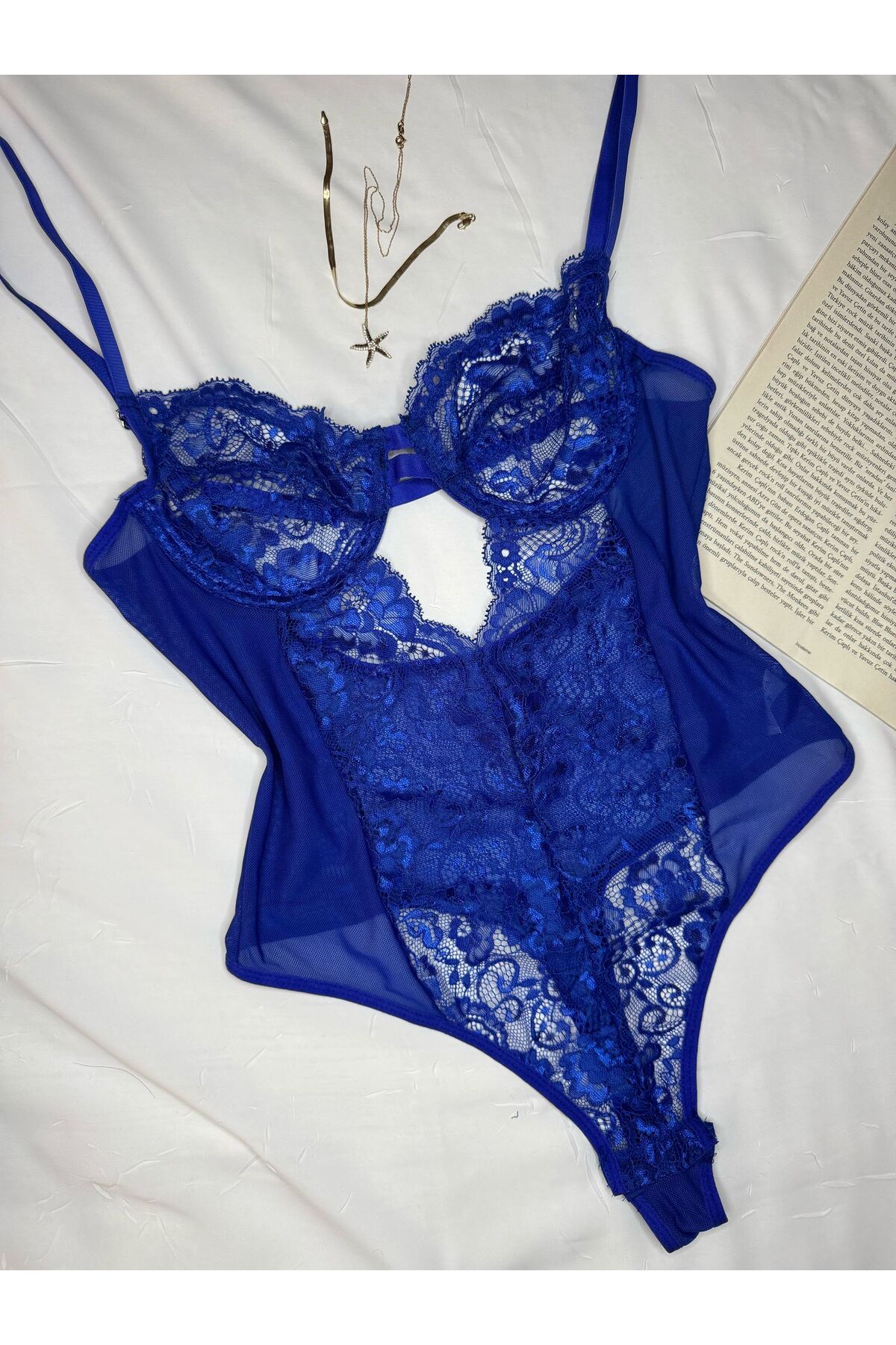 Bebe Mavi Dantelli Brode Balenli Kapsız Transparan Bodysuit - dantel saks mavi