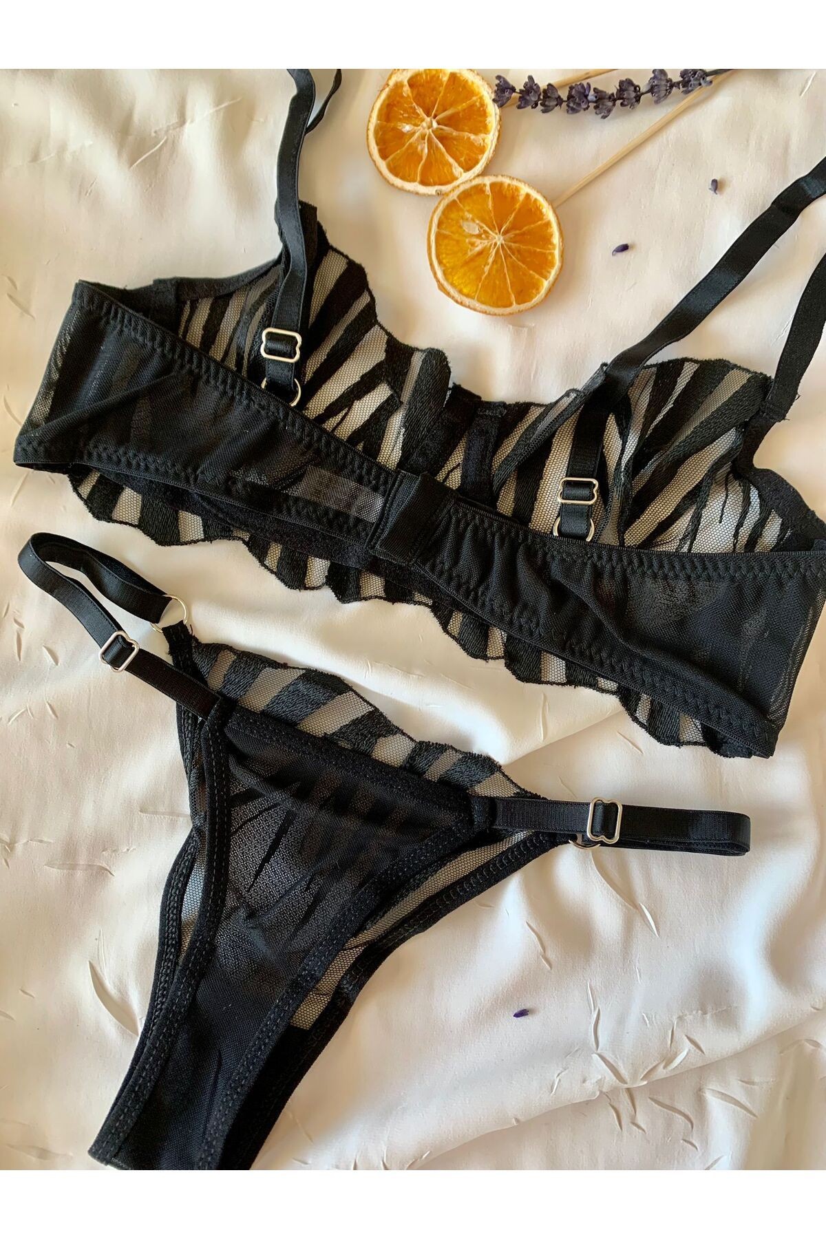 Transparan Tül Bralet Takım  - siyah